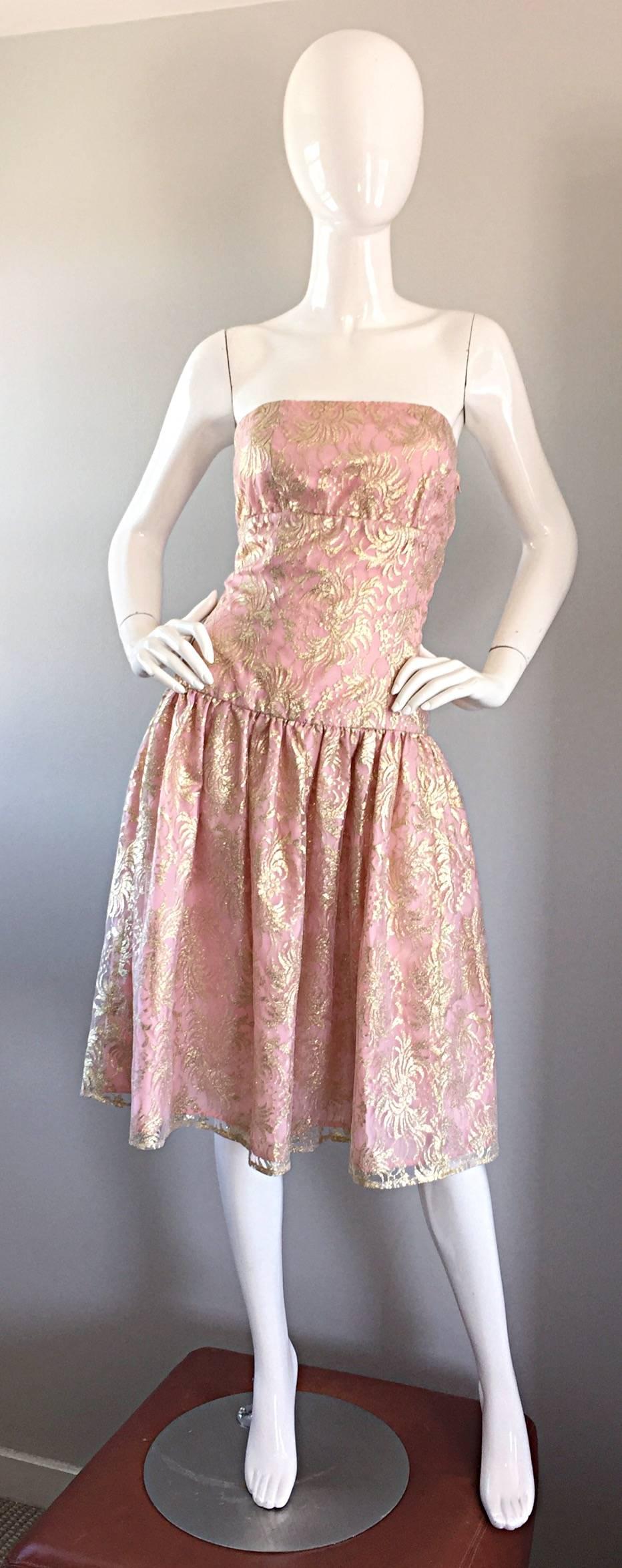 Vintage Halston Pink and Gold Metallic Lace Strapless 1980s 80s Cocktail Dress  1