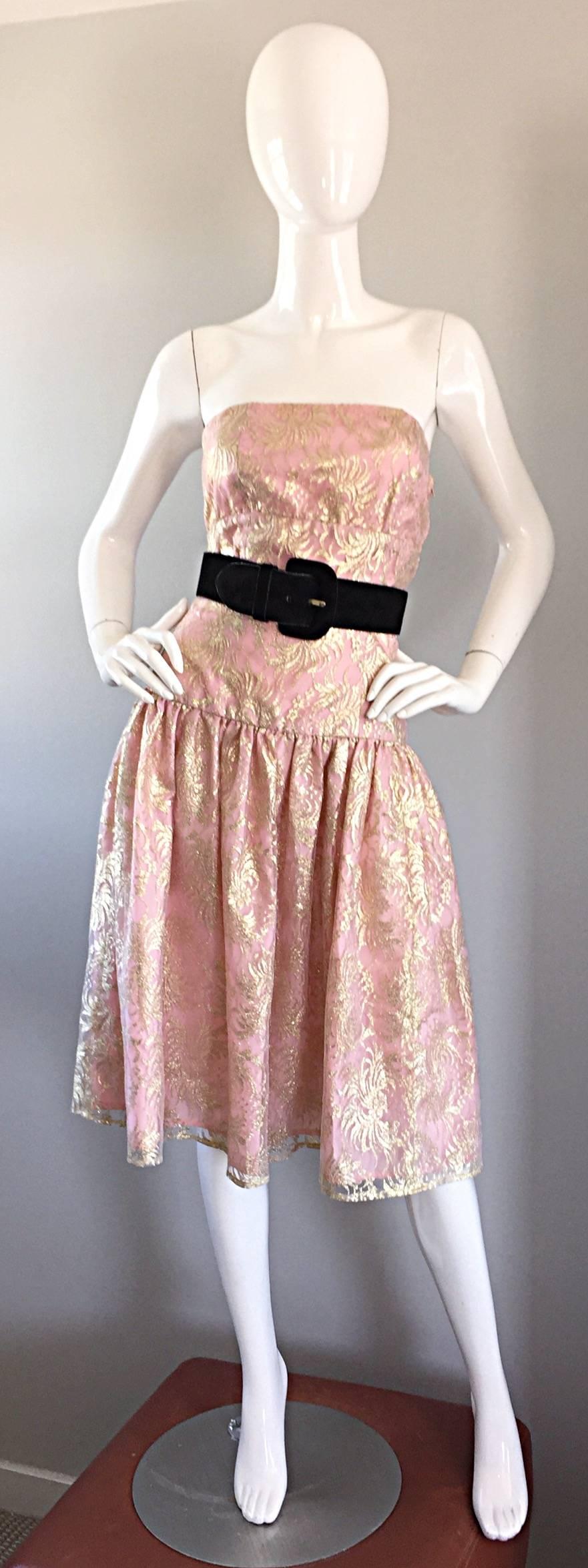 Brown Vintage Halston Pink and Gold Metallic Lace Strapless 1980s 80s Cocktail Dress 