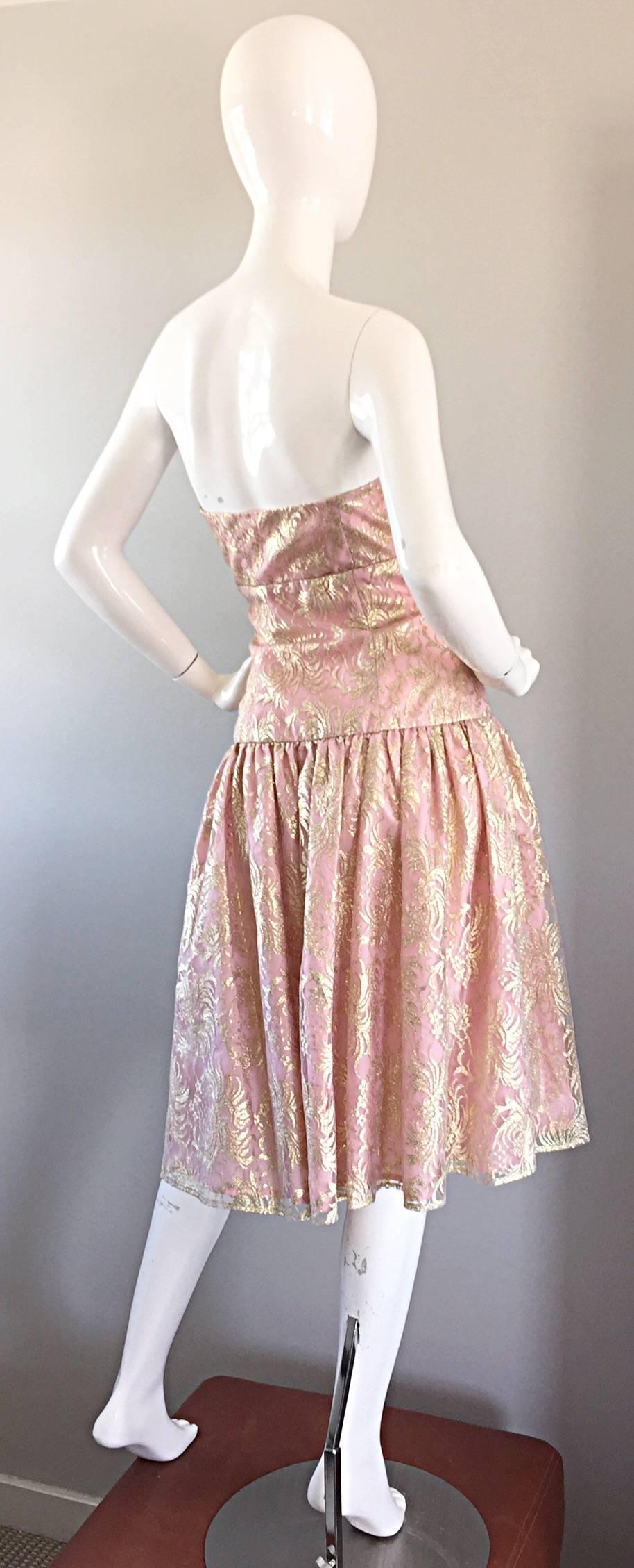 Women's Vintage Halston Pink and Gold Metallic Lace Strapless 1980s 80s Cocktail Dress 
