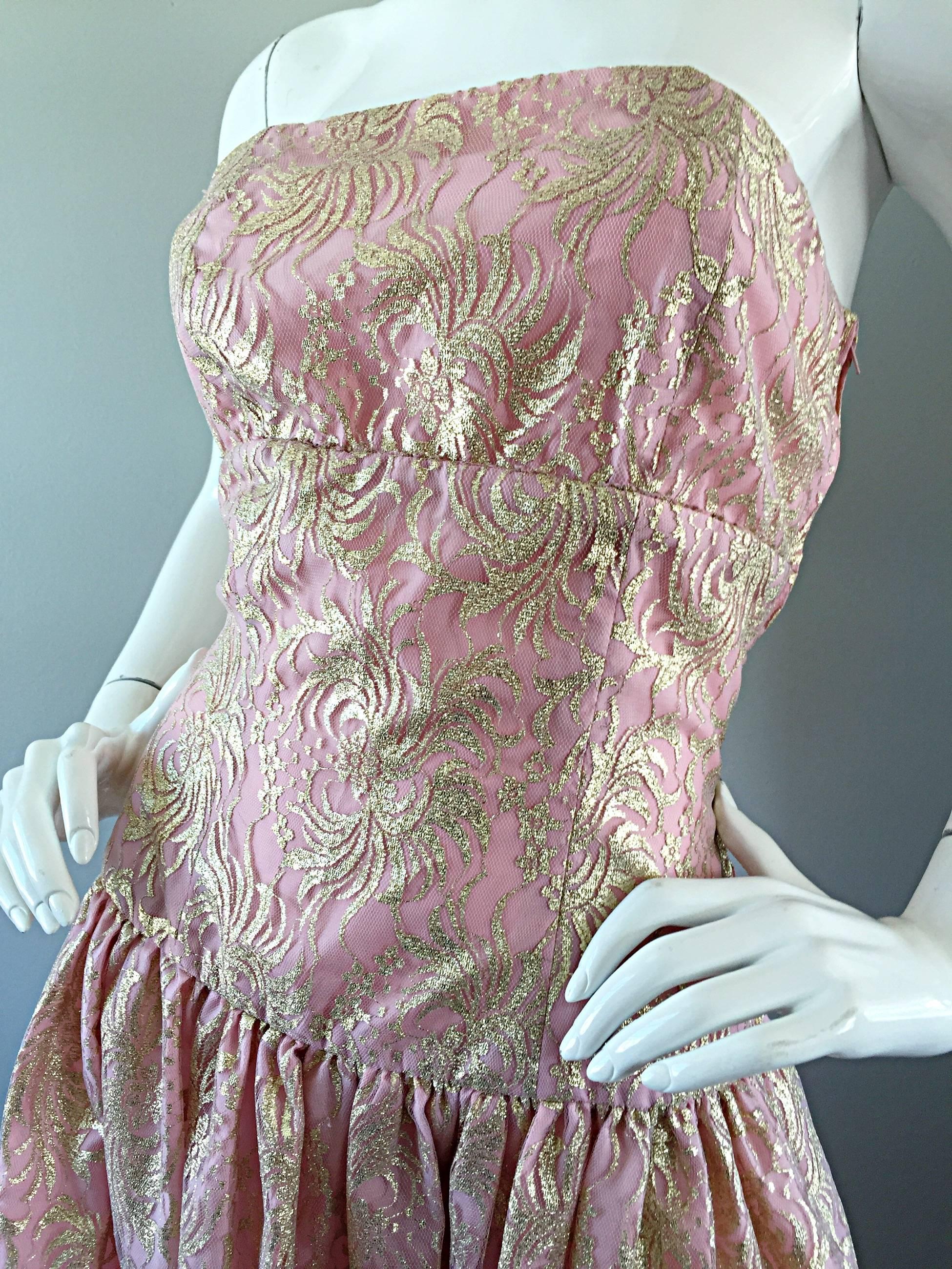 Vintage Halston Pink and Gold Metallic Lace Strapless 1980s 80s Cocktail Dress  In Excellent Condition In San Diego, CA