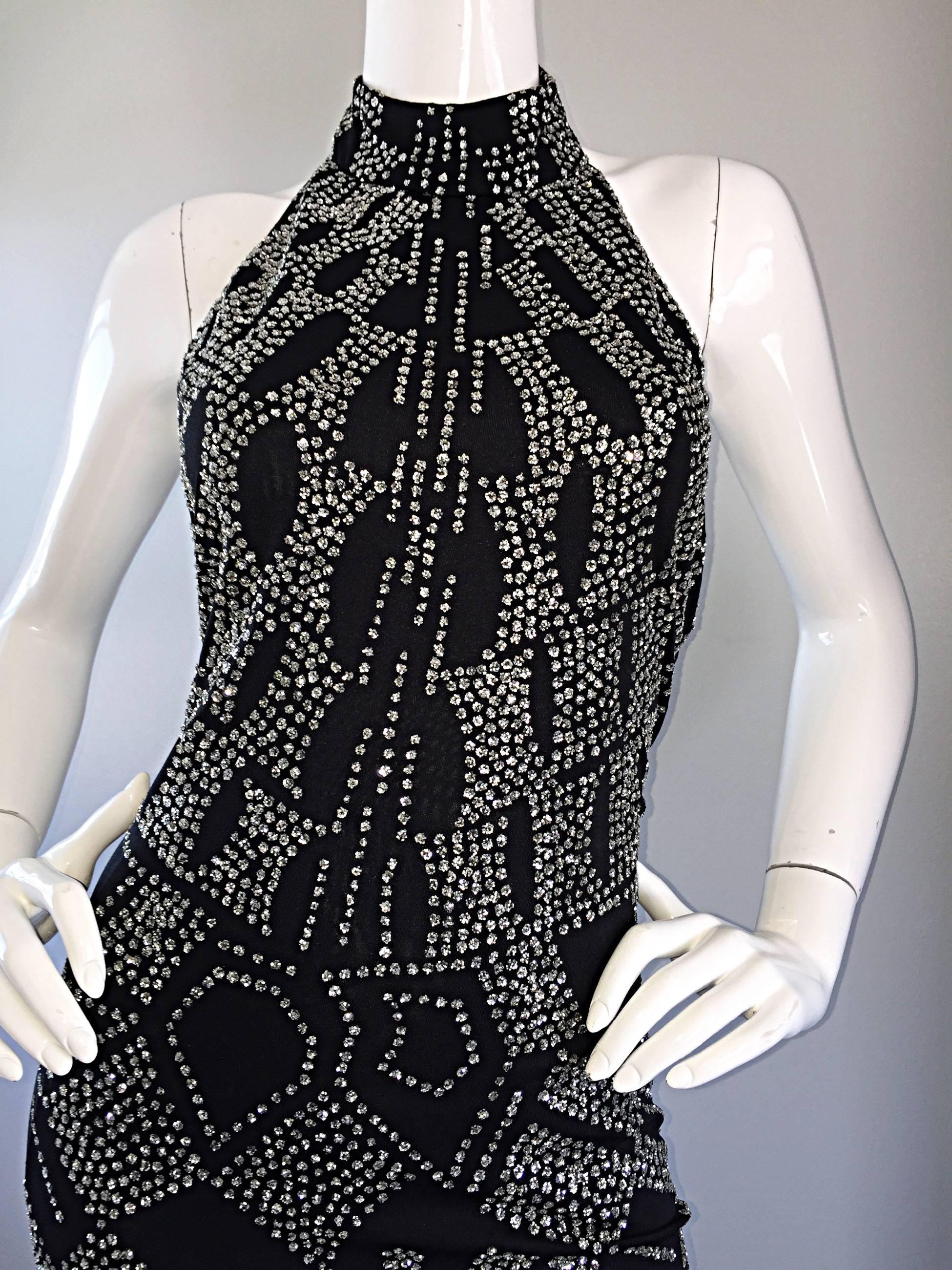 1970s Bob Mackie Black + Silver Glitter Sexy Disco Jersey Vintage Halter Dress In Excellent Condition In San Diego, CA