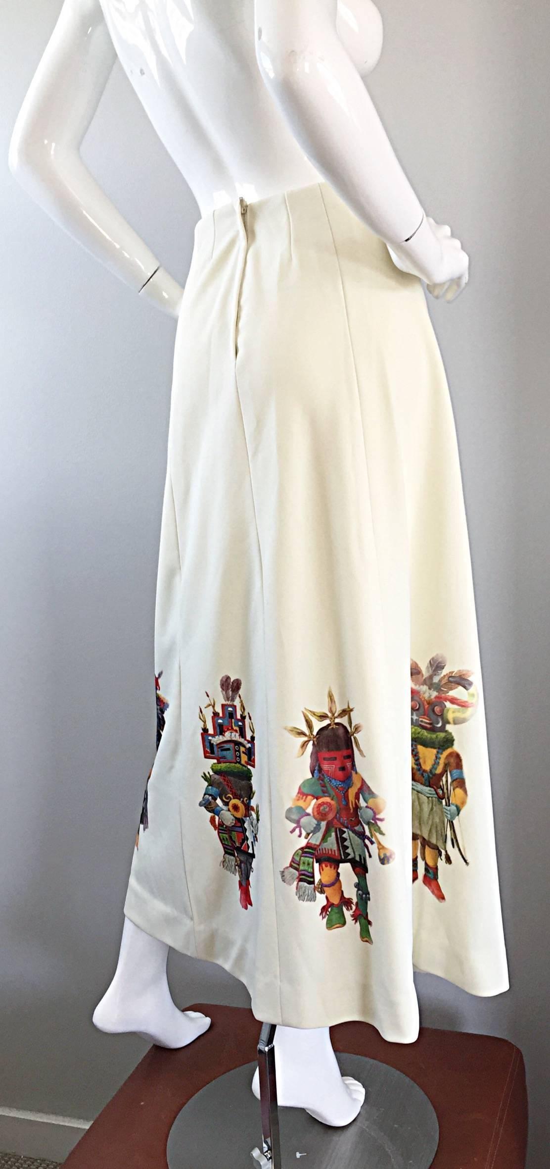 Beige Amazing 1970s Shaman Aztec Mayan Novelty Vintage 70s Cartoon Boho Maxi Skirt For Sale