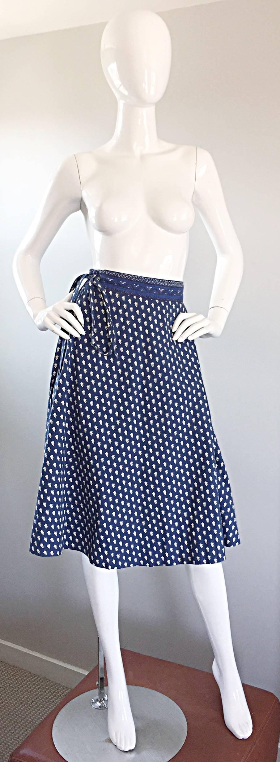 1970s La Provence De Pierre Deux Blue Printed Vintage Wrap Skirt and Blouse Set 1