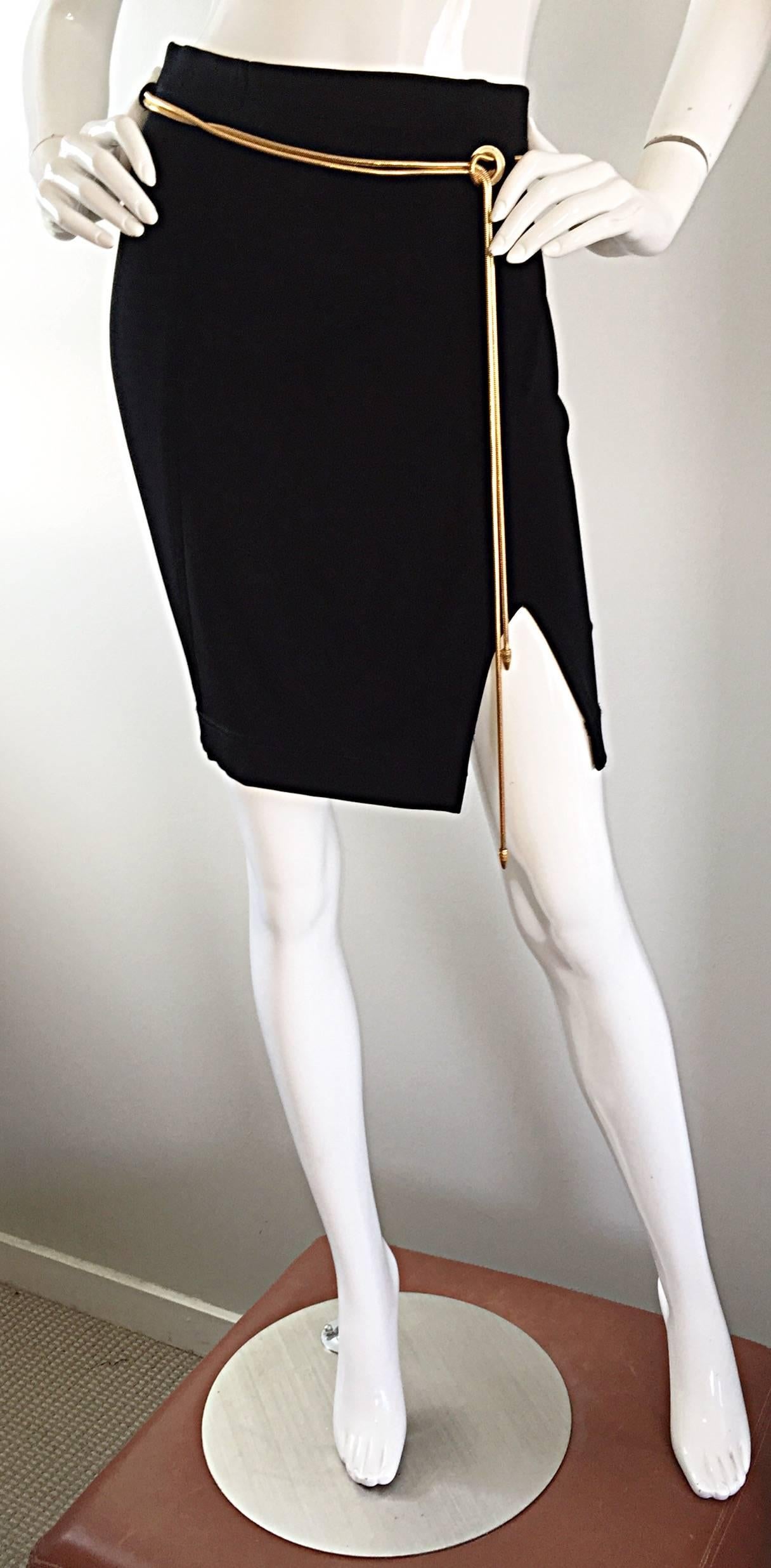 Vintage 1990s Tadashi Shoji Sexy Black Jersey Bodycon Jersey Skirt w/ Gold Chain 4