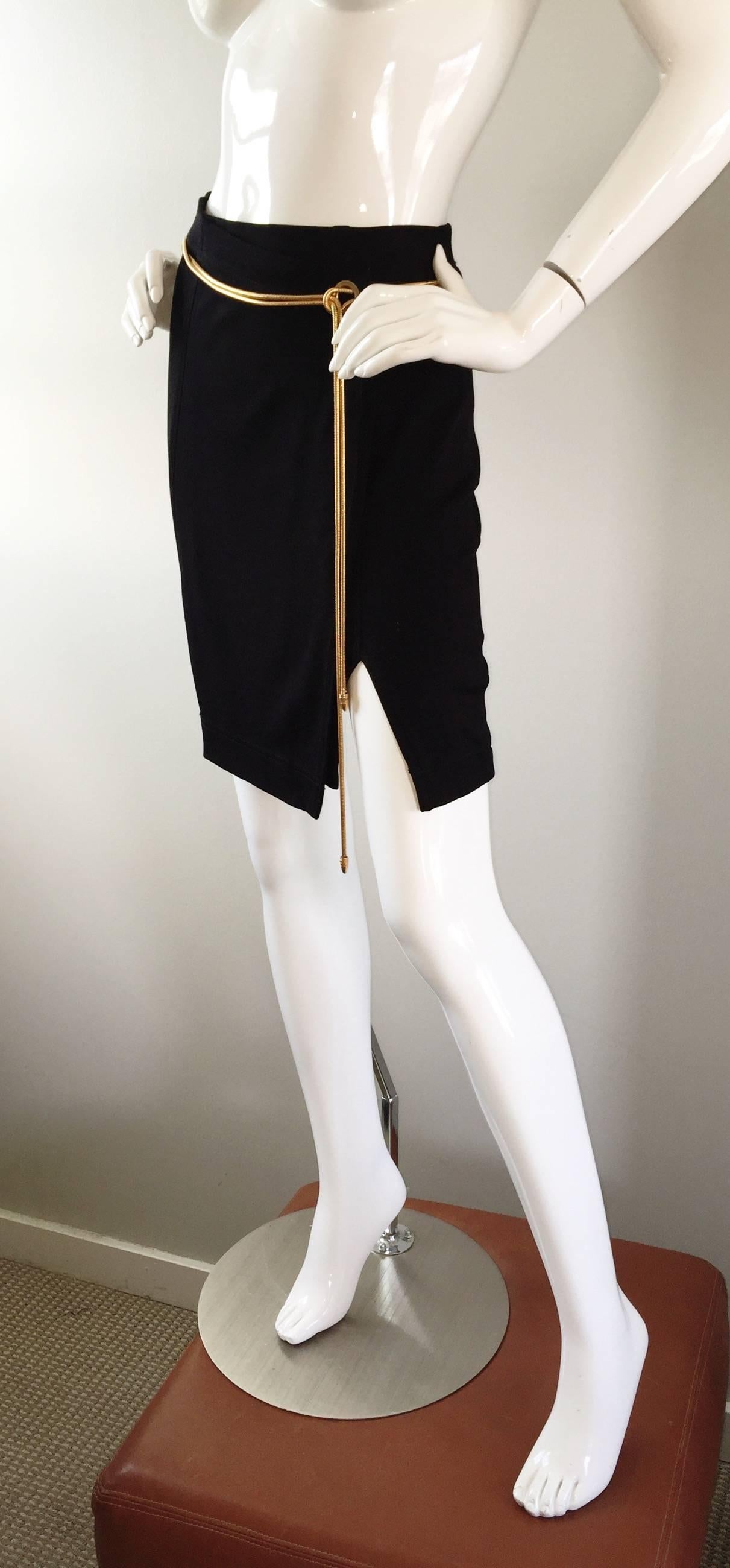 Vintage 1990s Tadashi Shoji Sexy Black Jersey Bodycon Jersey Skirt w/ Gold Chain 2