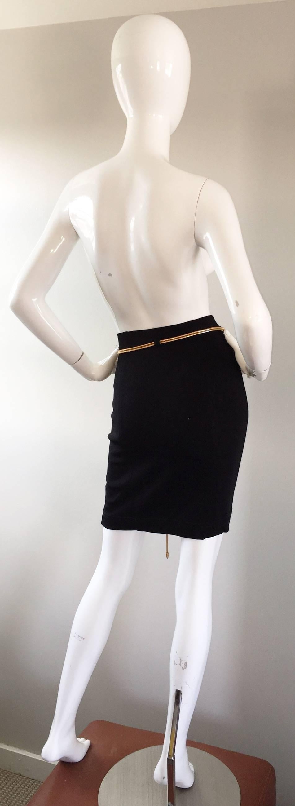 Vintage 1990s Tadashi Shoji Sexy Black Jersey Bodycon Jersey Skirt w/ Gold Chain 3