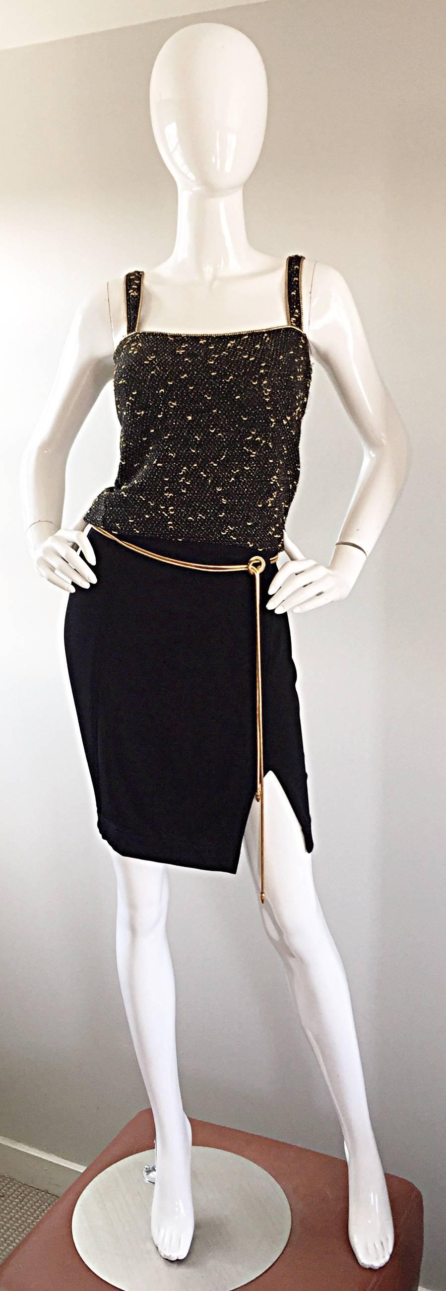 Vintage 1990s Tadashi Shoji Sexy Black Jersey Bodycon Jersey Skirt w/ Gold Chain In Excellent Condition In San Diego, CA