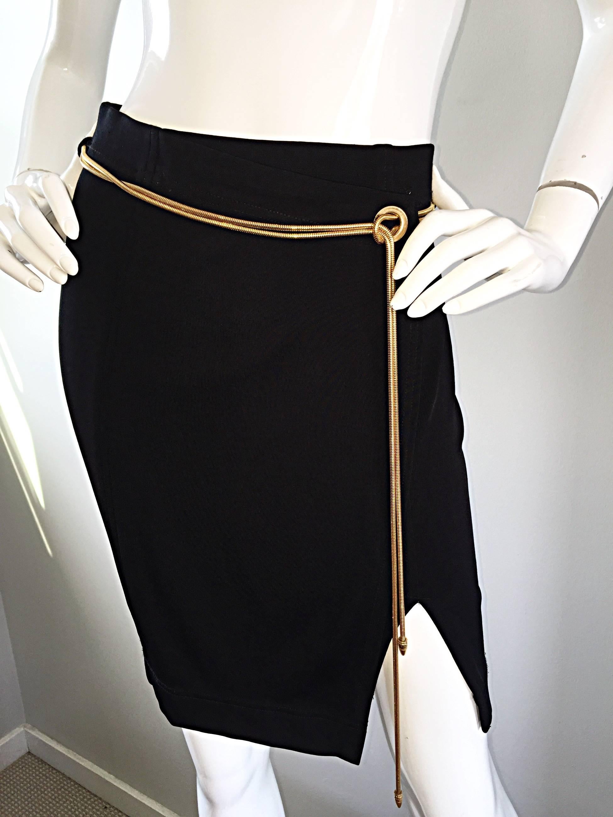Women's Vintage 1990s Tadashi Shoji Sexy Black Jersey Bodycon Jersey Skirt w/ Gold Chain