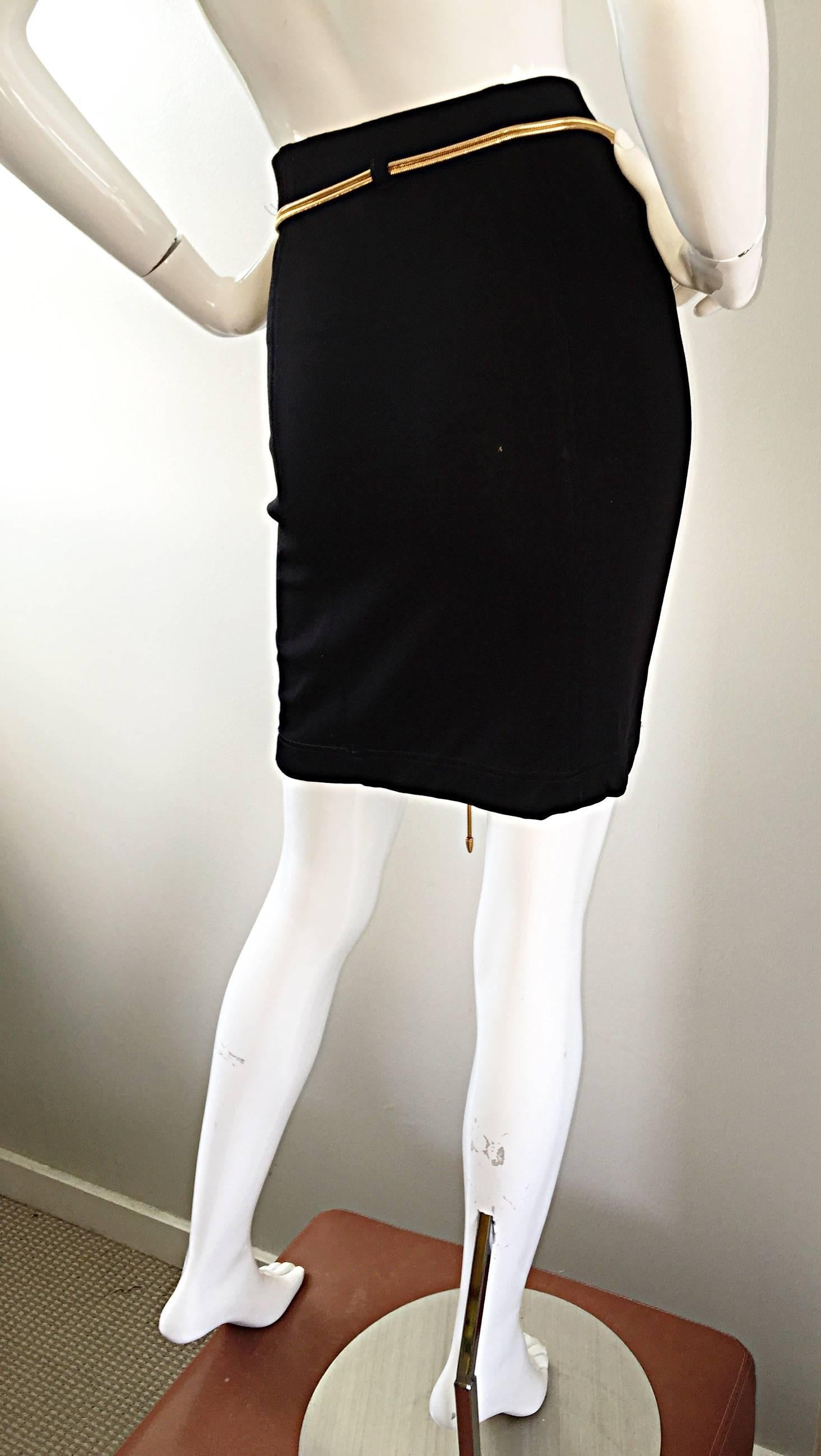 Vintage 1990s Tadashi Shoji Sexy Black Jersey Bodycon Jersey Skirt w/ Gold Chain 1