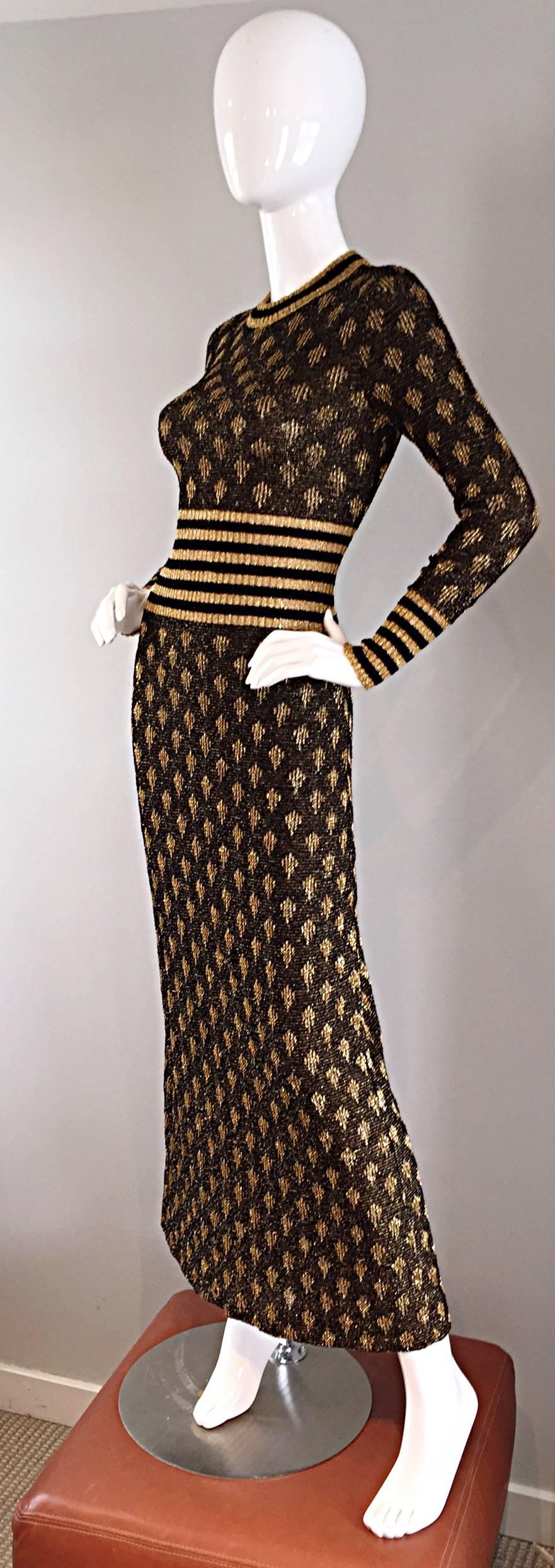 1970s Black and Gold Metallic Knit Lurex Batik + Stripe Print Maxi Sweater Dress In Excellent Condition In San Diego, CA