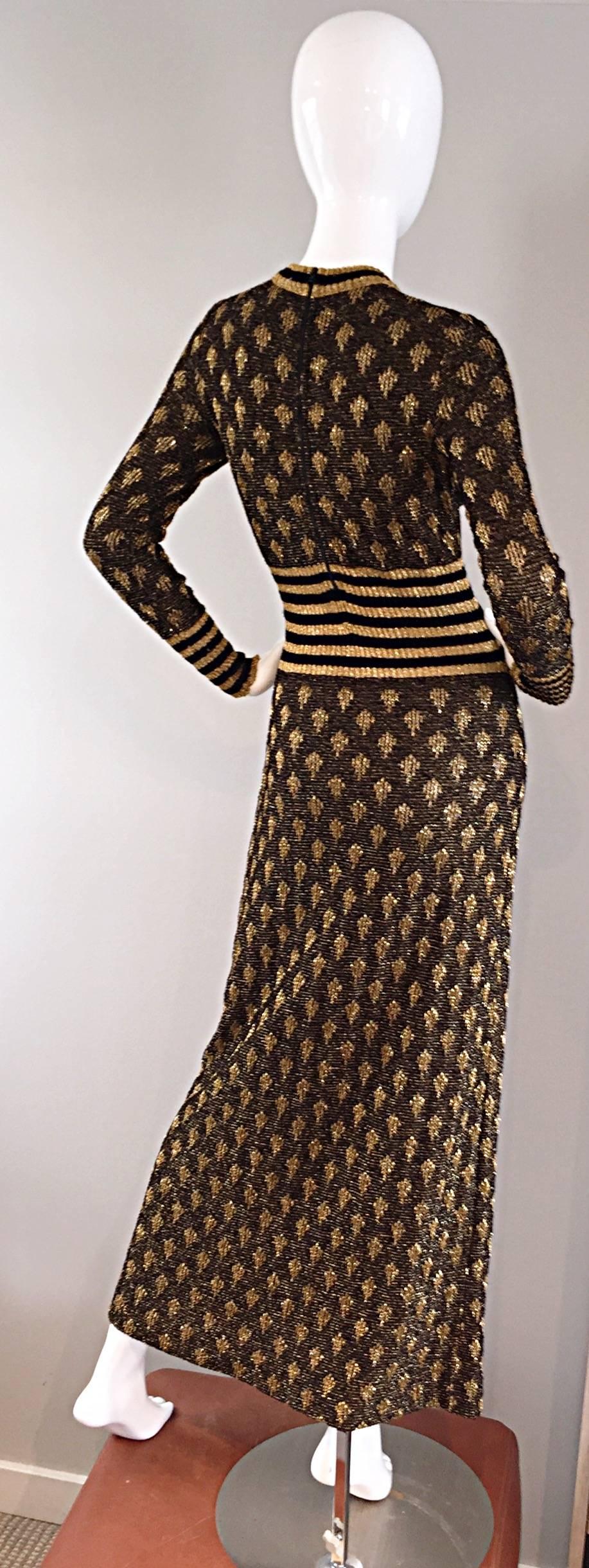 Women's 1970s Black and Gold Metallic Knit Lurex Batik + Stripe Print Maxi Sweater Dress