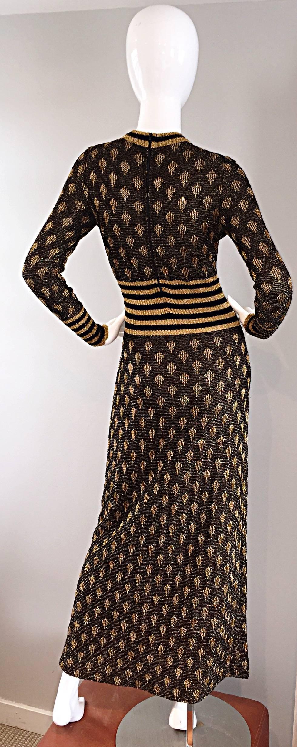 1970s Black and Gold Metallic Knit Lurex Batik + Stripe Print Maxi Sweater Dress 4