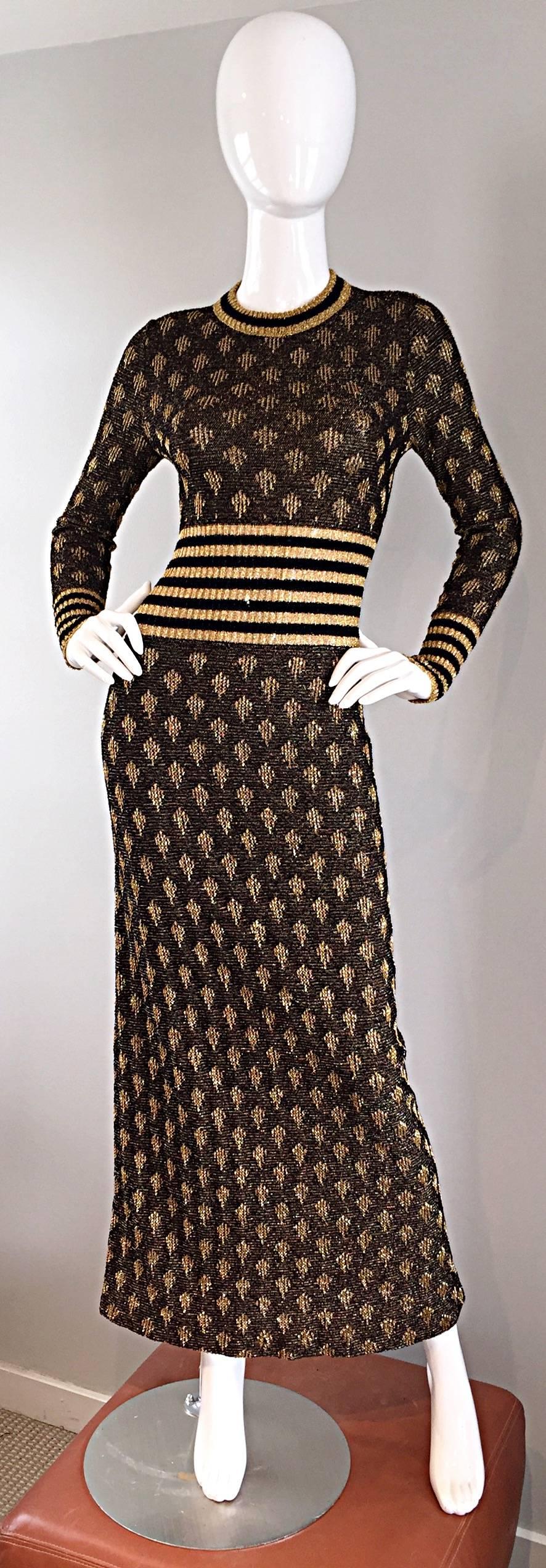 1970s Black and Gold Metallic Knit Lurex Batik + Stripe Print Maxi Sweater Dress 6