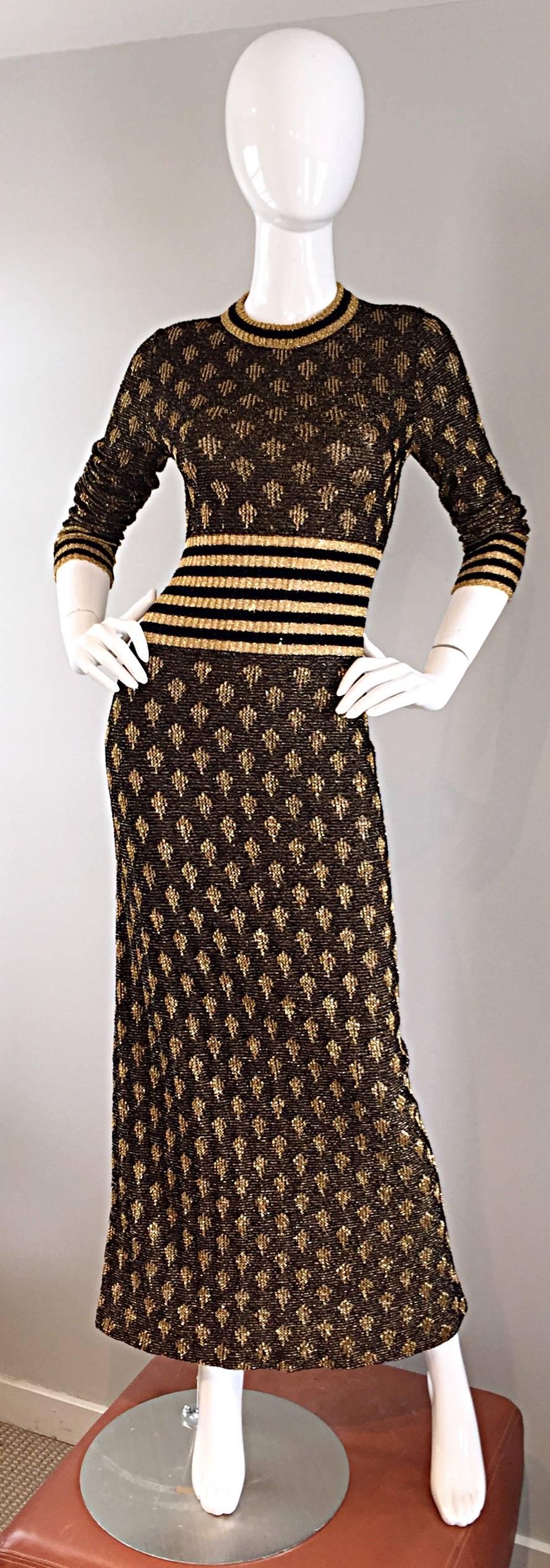 1970s Black and Gold Metallic Knit Lurex Batik + Stripe Print Maxi Sweater Dress 2