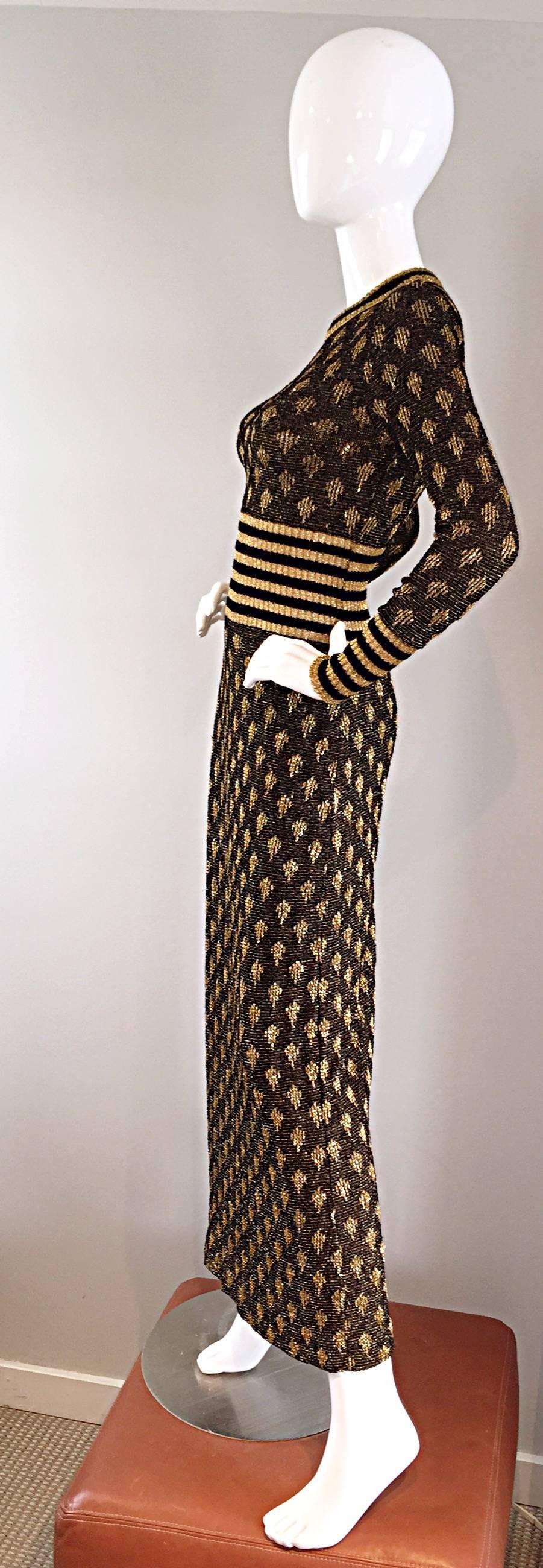 1970s Black and Gold Metallic Knit Lurex Batik + Stripe Print Maxi Sweater Dress 3
