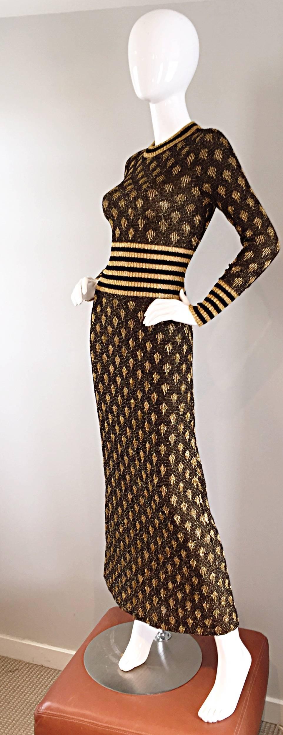 1970s Black and Gold Metallic Knit Lurex Batik + Stripe Print Maxi Sweater Dress 5