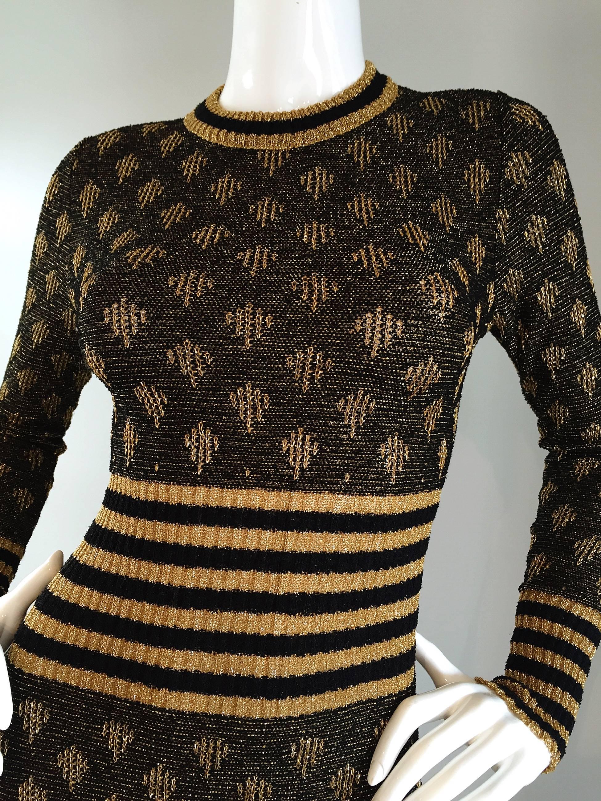 1970s Black and Gold Metallic Knit Lurex Batik + Stripe Print Maxi Sweater Dress 1