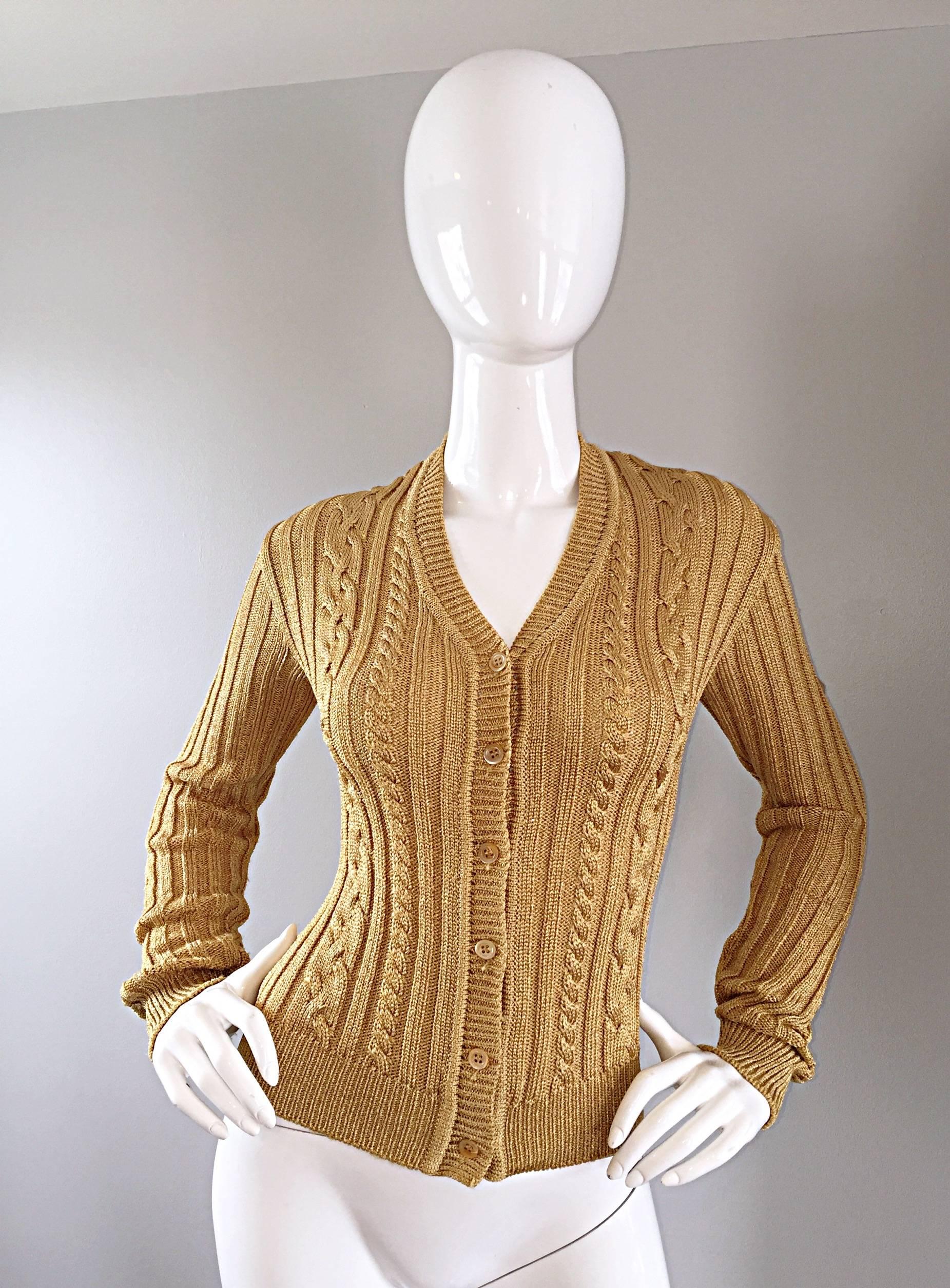 Classic 90s MOSCHINO CHEAP & CHIC gold metallic ribbed cardigan! Such a great twist on the classic cardigan! Muted gold color is a wonderful neutral that literally matches everything, and is perfect all year! The perfect weight to add over a tank