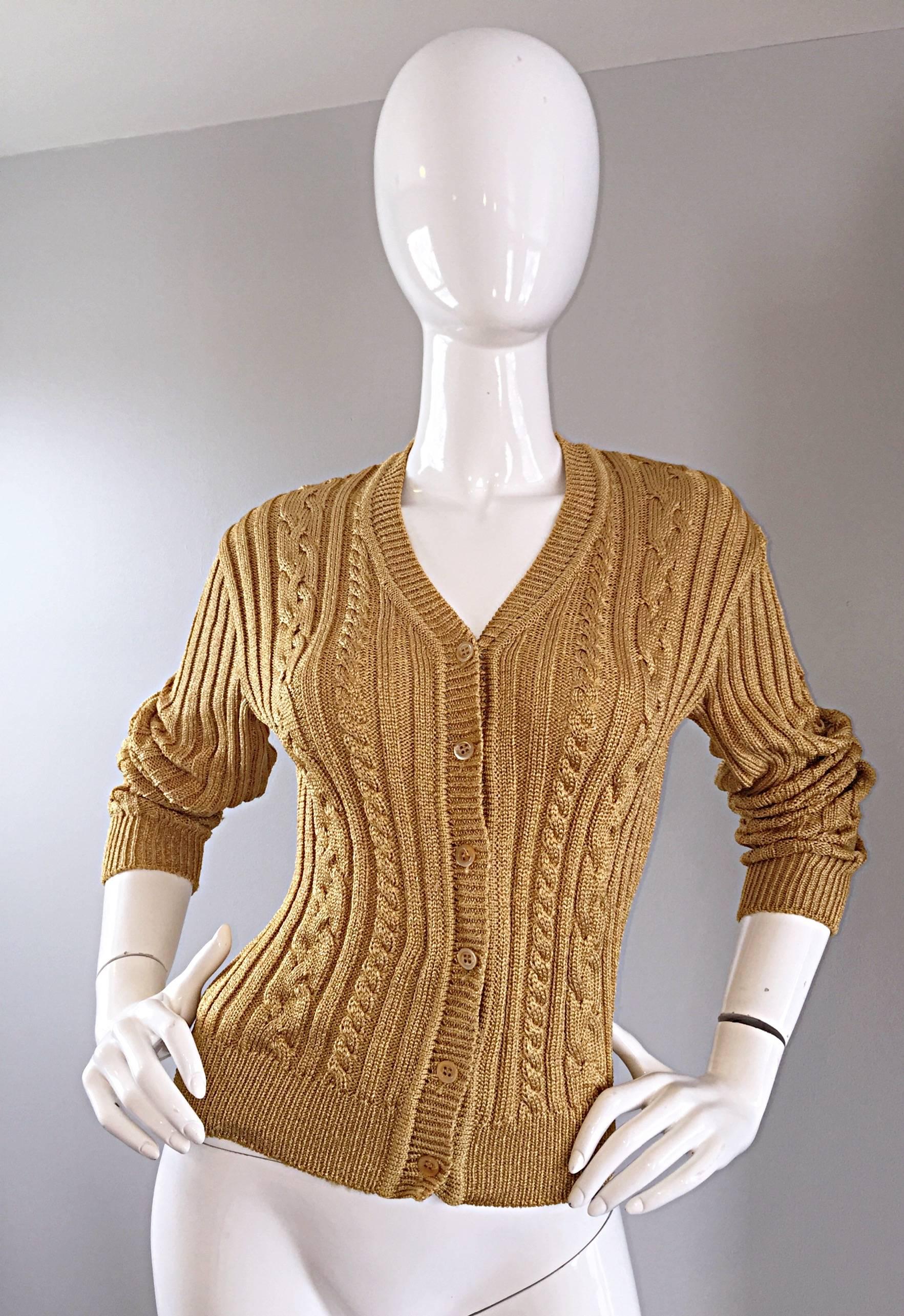 Brown 1990s Moschino Cheap & Chic Vintage Gold Metallic Ribbed Cardigan 90s Sweater
