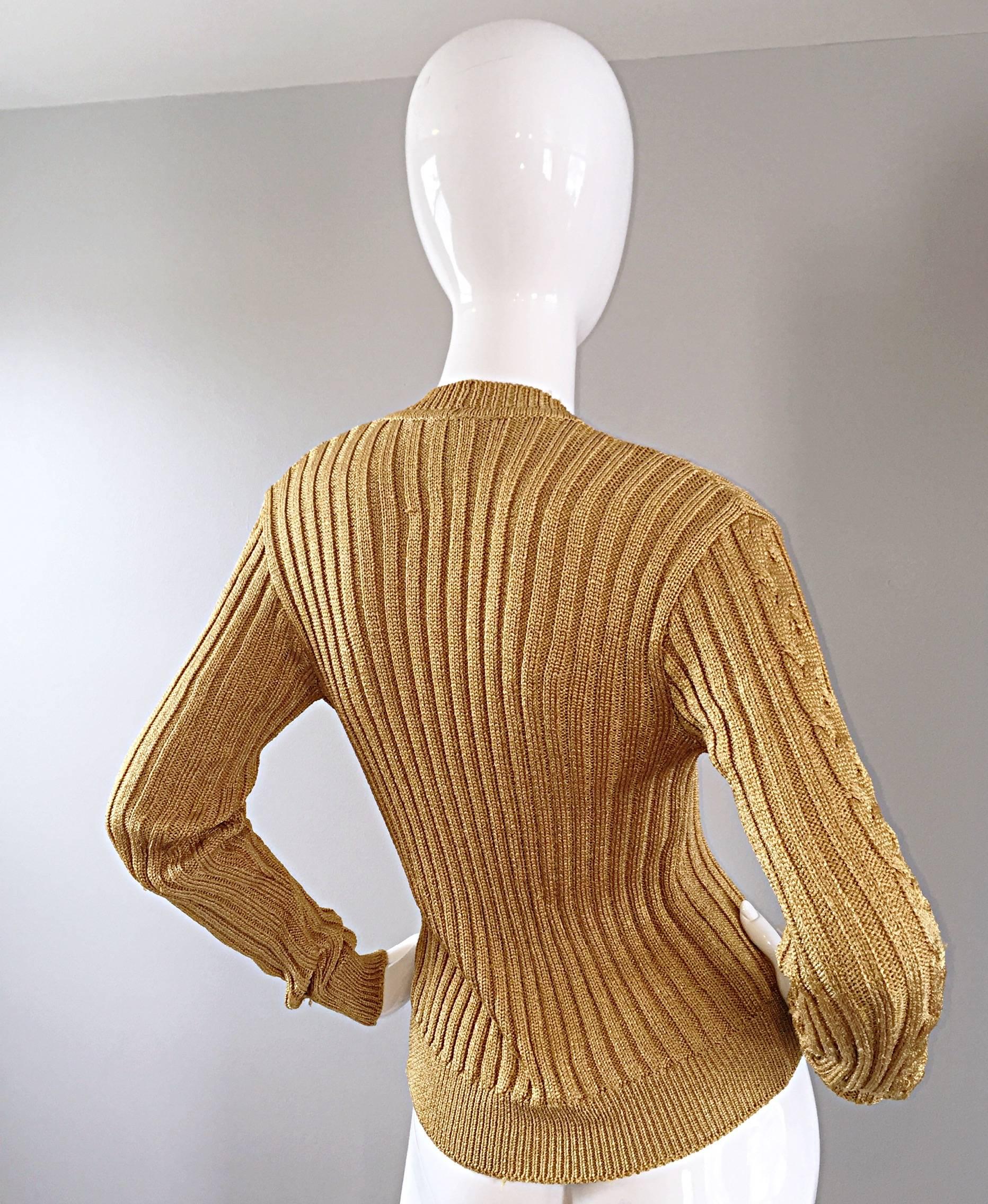 1990s Moschino Cheap & Chic Vintage Gold Metallic Ribbed Cardigan 90s Sweater In Excellent Condition In San Diego, CA