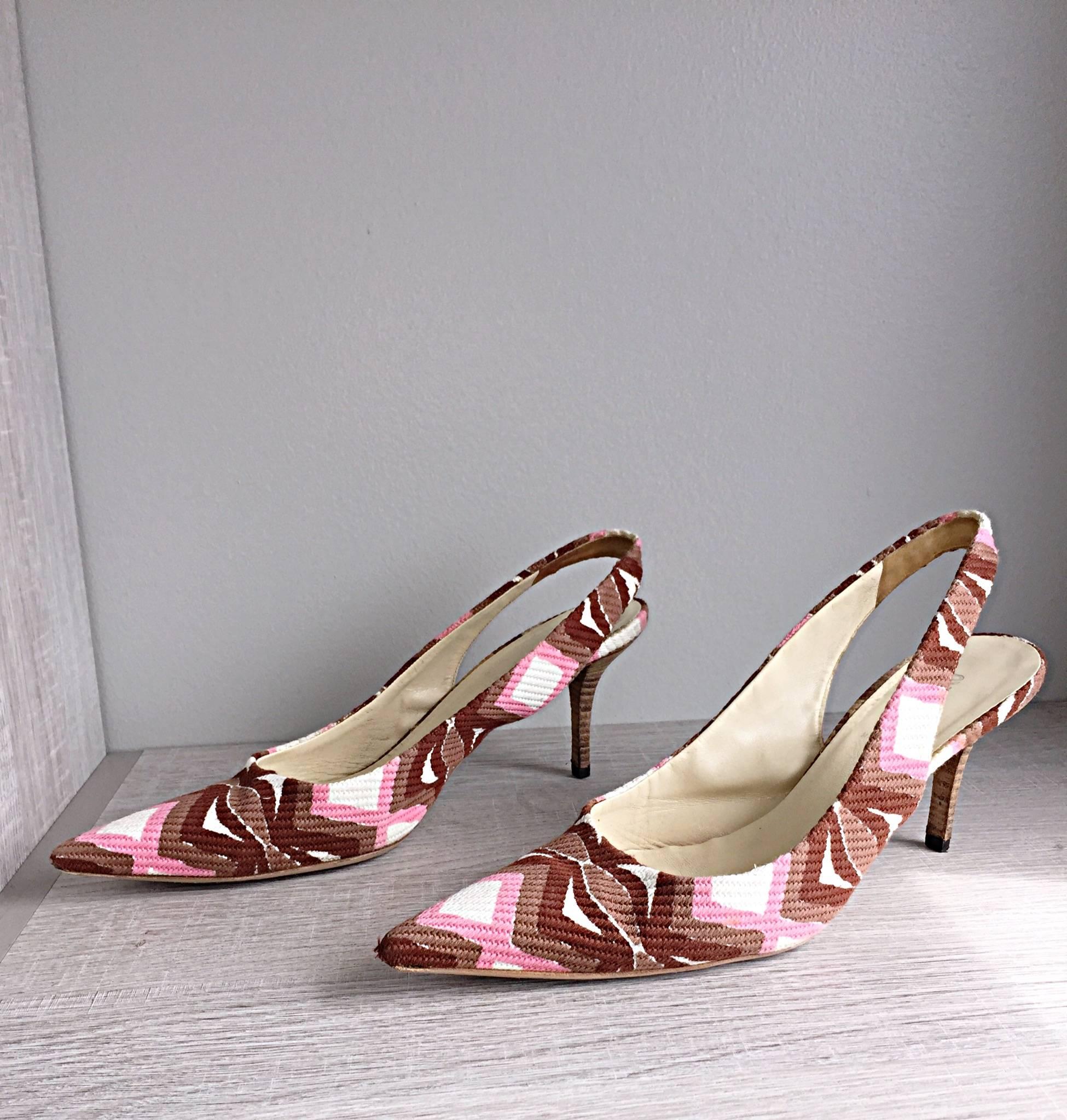 Beautiful pair of MIU MIU slingback heels! Worn once, and in perfect condition. Zig zag patterns in pink, taupe, brown and white. Light wooden heel. Can easily be dressed up or down. Great with jeans, shorts, a skirt or dress. Made in Italy. Marked