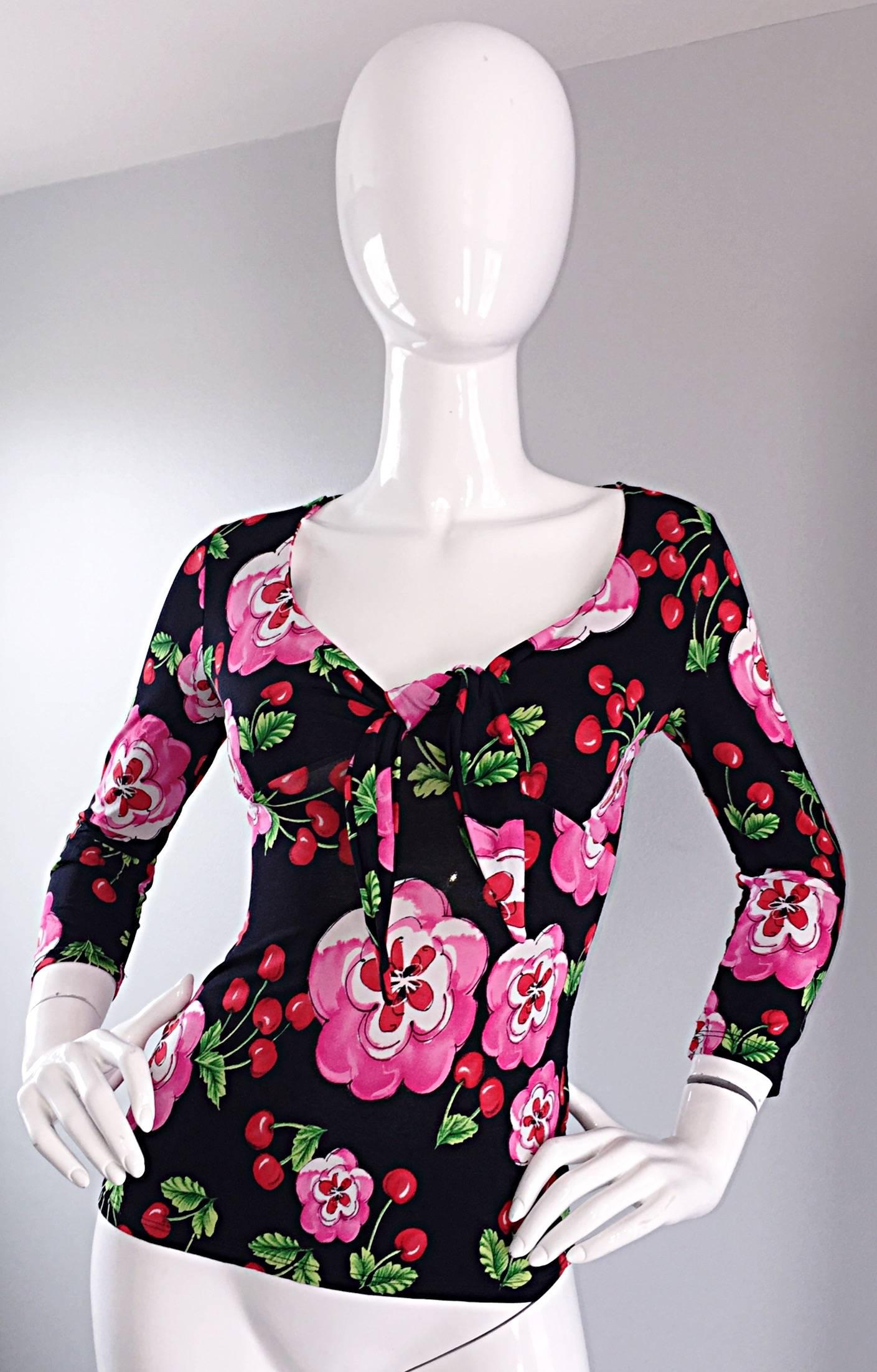 Women's Amazing 1990s Jus D' Orange French Cherry Print Long Sleeve Vintage Jersey Top