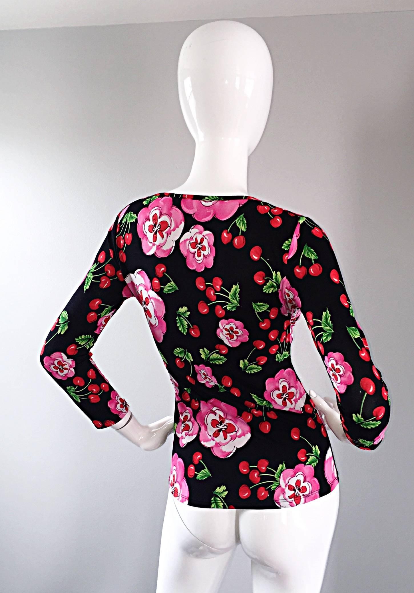 Amazing 1990s Jus D' Orange French Cherry Print Long Sleeve Vintage Jersey Top 1