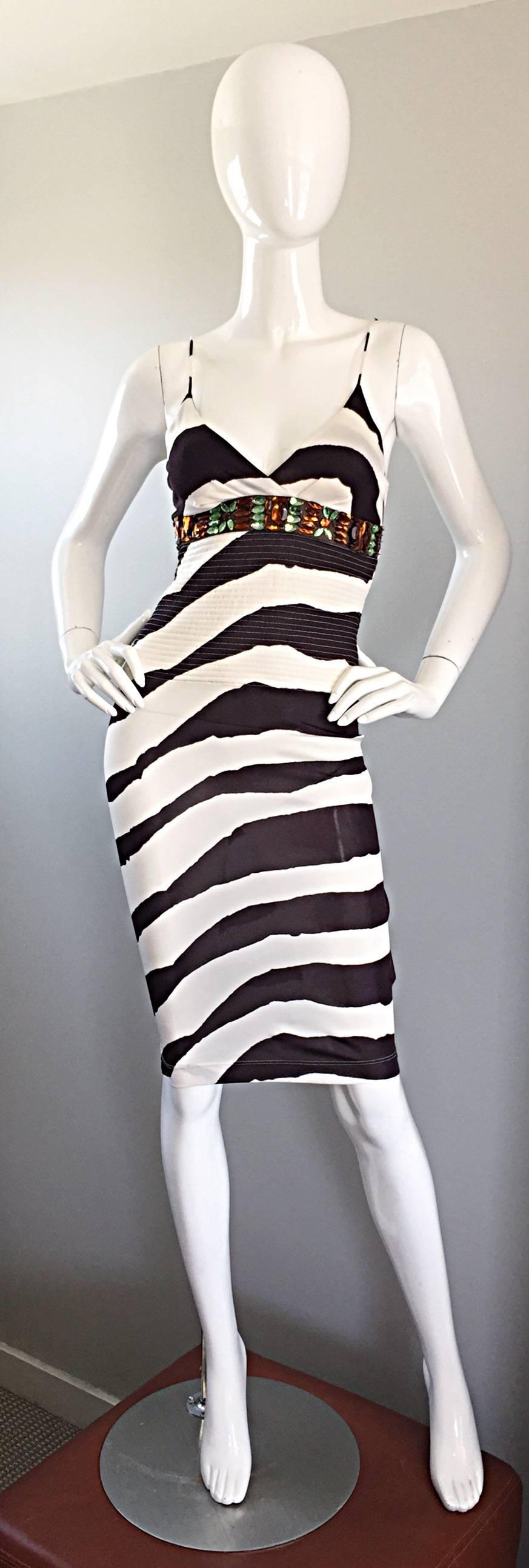 Amazing vintage GIANFRANCO FERRE (early 90s) brown and white abstract zebra printed rayon jersey BodyCon dress! Features incredible Amber and green crystal jewels below bust. Intricate stitching below bust. Hidden zipper up the side with