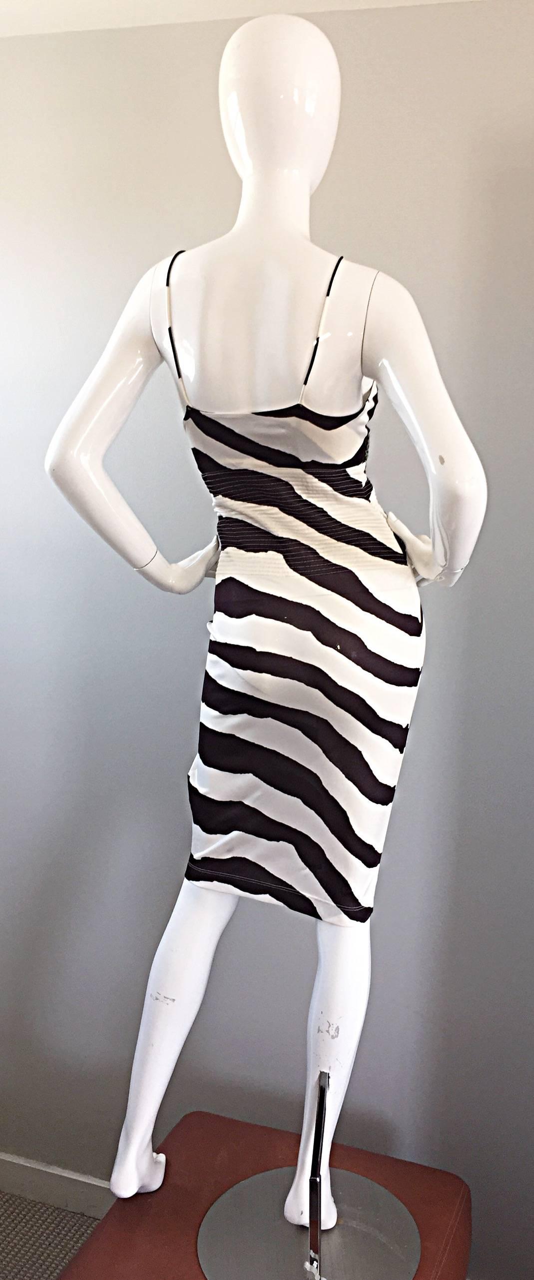 Vintage Gianfranco Ferre 1990s Brown + White Zebra Jeweled BodyCon Jersey Dress In Excellent Condition For Sale In San Diego, CA