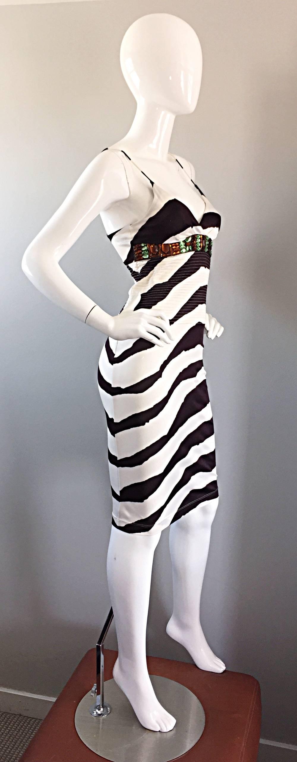 Women's Vintage Gianfranco Ferre 1990s Brown + White Zebra Jeweled BodyCon Jersey Dress For Sale