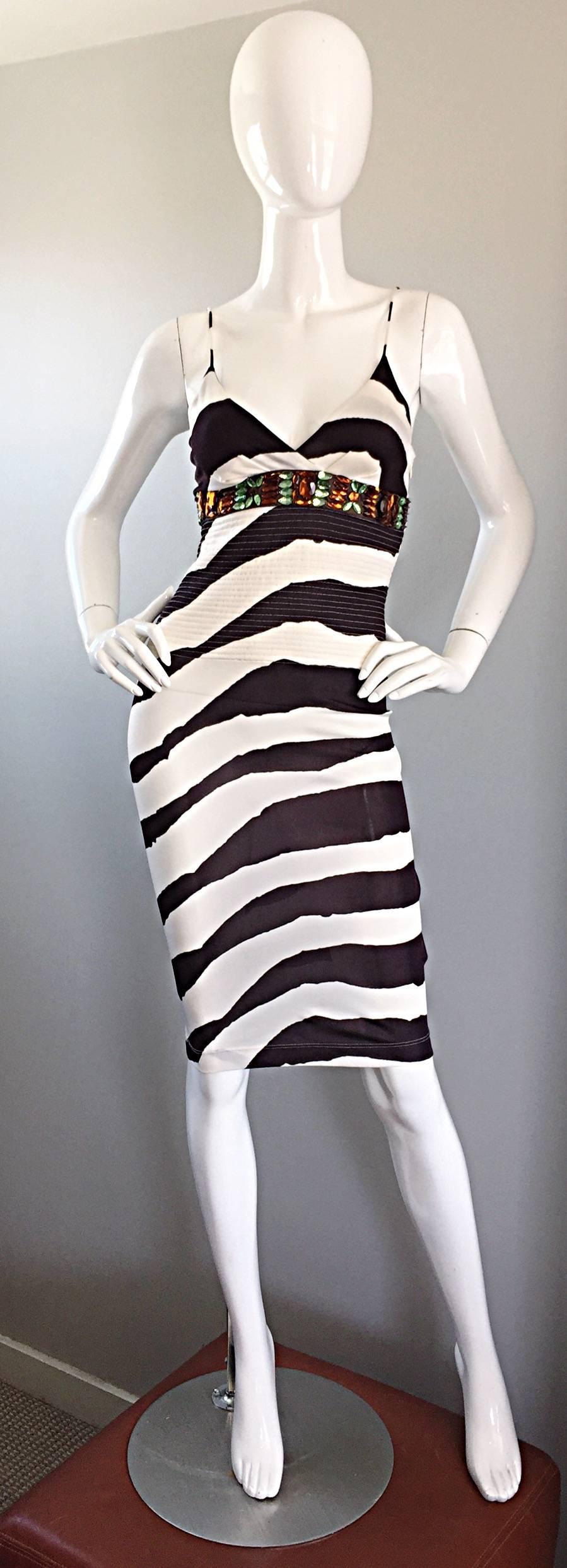 Vintage Gianfranco Ferre 1990s Brown + White Zebra Jeweled BodyCon Jersey Dress For Sale 2