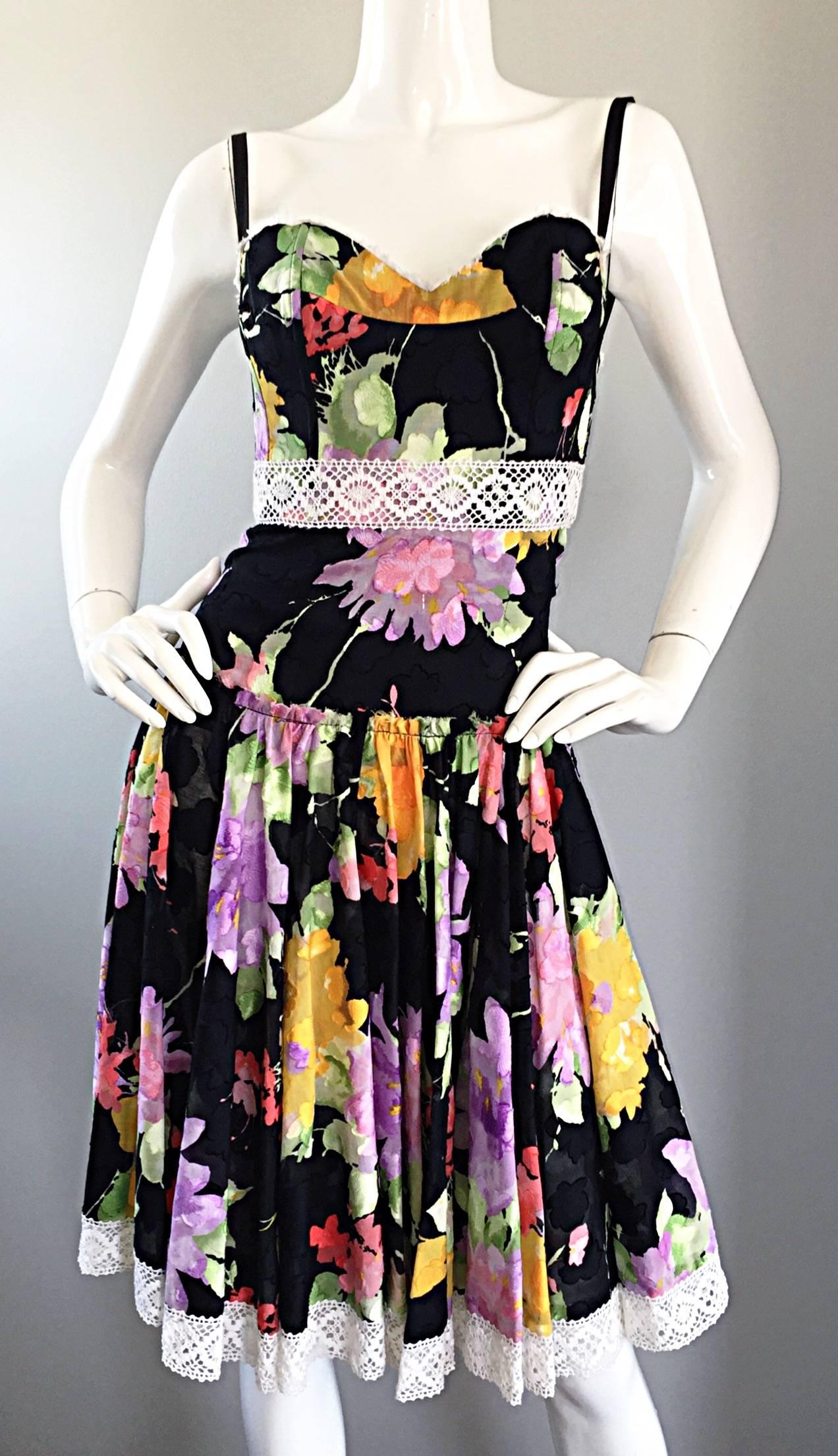 Tracy Feith Black Cotton Floral Print Lace Pretty Sun Dress w/ Full Skirt 2