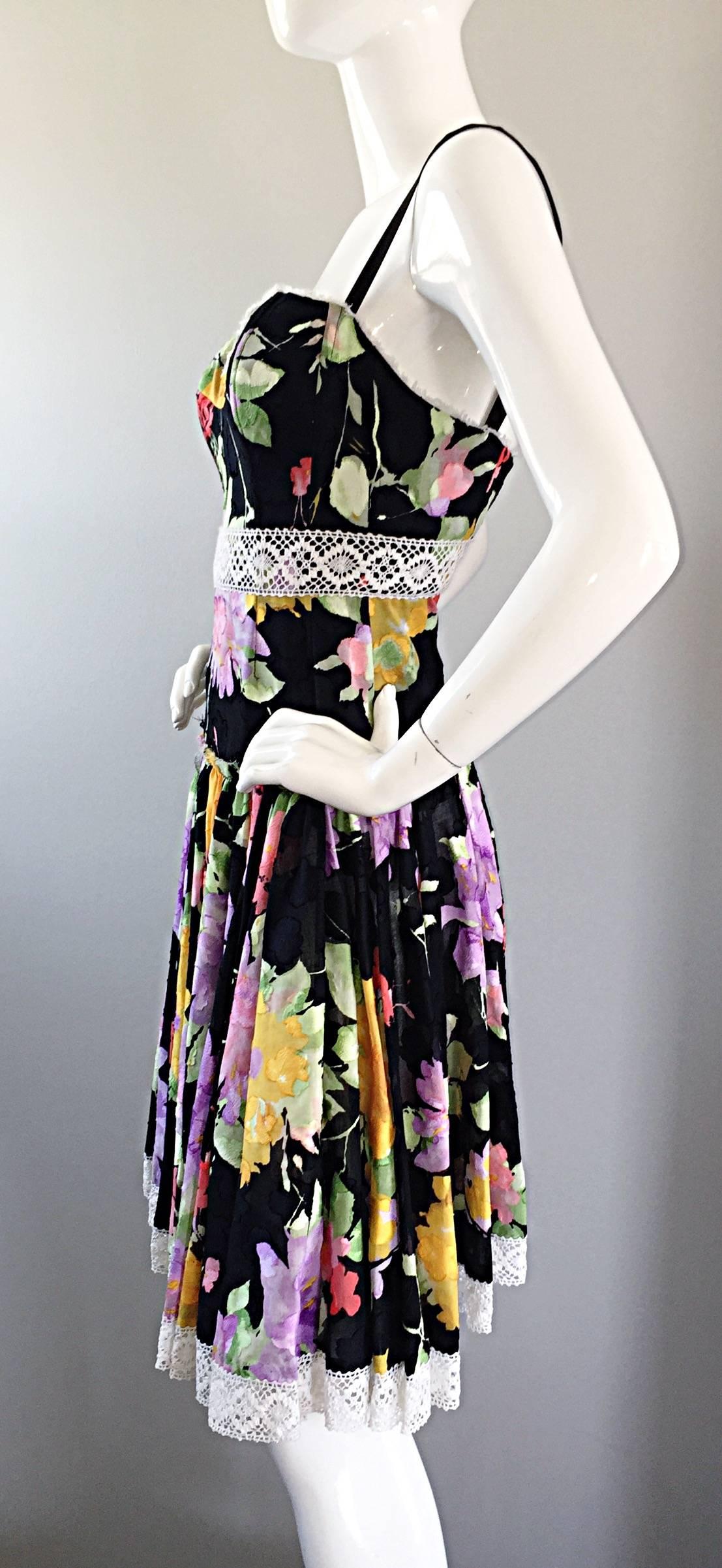 Women's Tracy Feith Black Cotton Floral Print Lace Pretty Sun Dress w/ Full Skirt