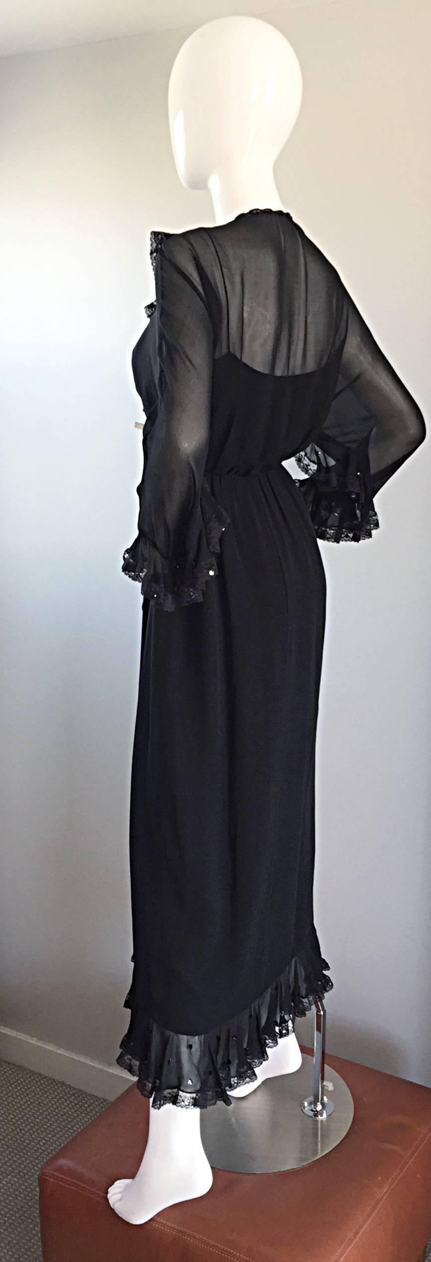 Incredible Vintage Bill Blass Black Silk Chiffon Ruffled Sequin Boho 70s Dress For Sale 1