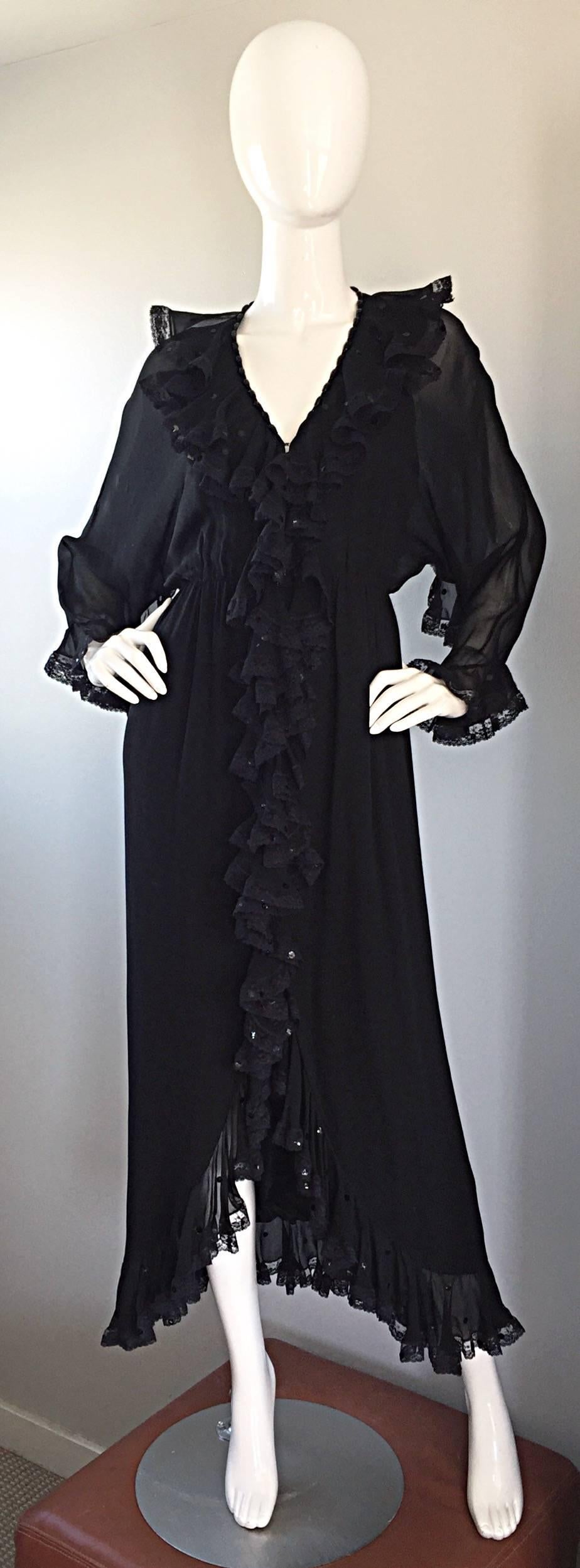 Incredible Vintage Bill Blass Black Silk Chiffon Ruffled Sequin Boho 70s Dress For Sale 2