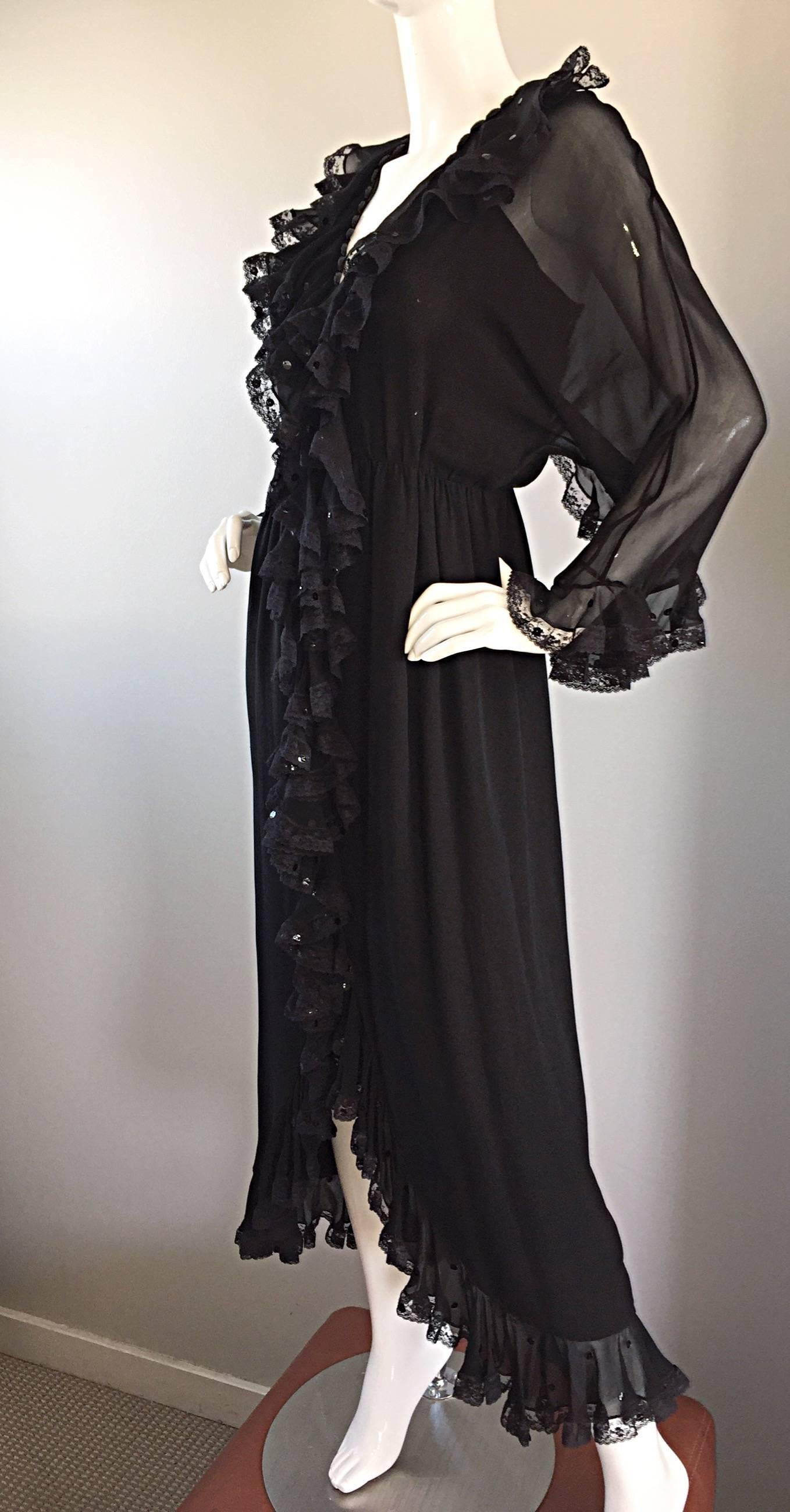 Women's Incredible Vintage Bill Blass Black Silk Chiffon Ruffled Sequin Boho 70s Dress For Sale