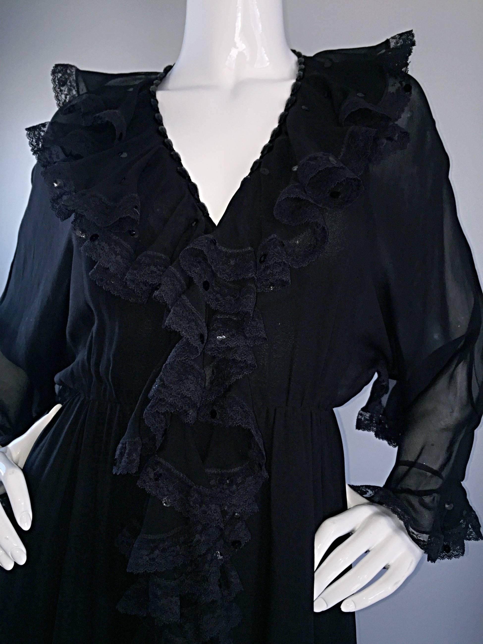 Incredible Vintage Bill Blass Black Silk Chiffon Ruffled Sequin Boho 70s Dress In Excellent Condition For Sale In San Diego, CA