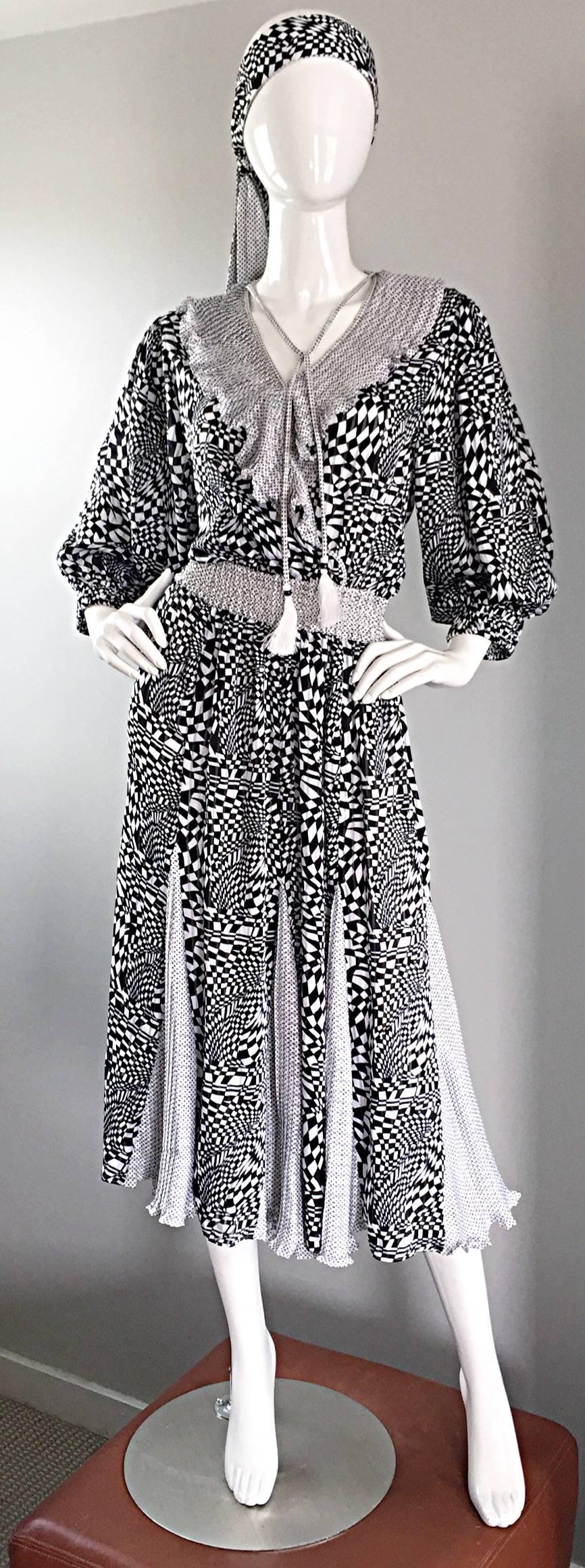 Amazing vintage DIANE FREIS / FRES black and white 3-D geometric print bohemian dress AND head scarf! So much detail int his signature Freis number! Contrasting polka dot printed ruffles at the bust, on one side of the head scarf, waistband, and on