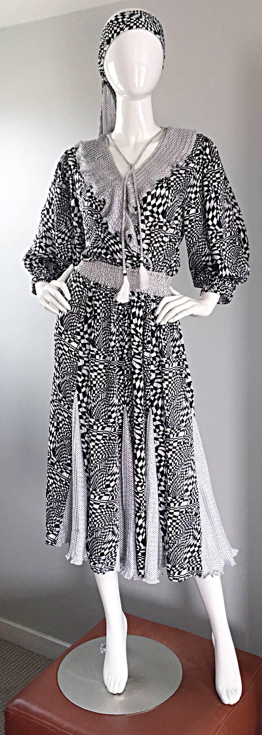 Vintage Diane Freis Black and White 3 D Geometric Print Boho Dress + Head Scarf In Excellent Condition In San Diego, CA