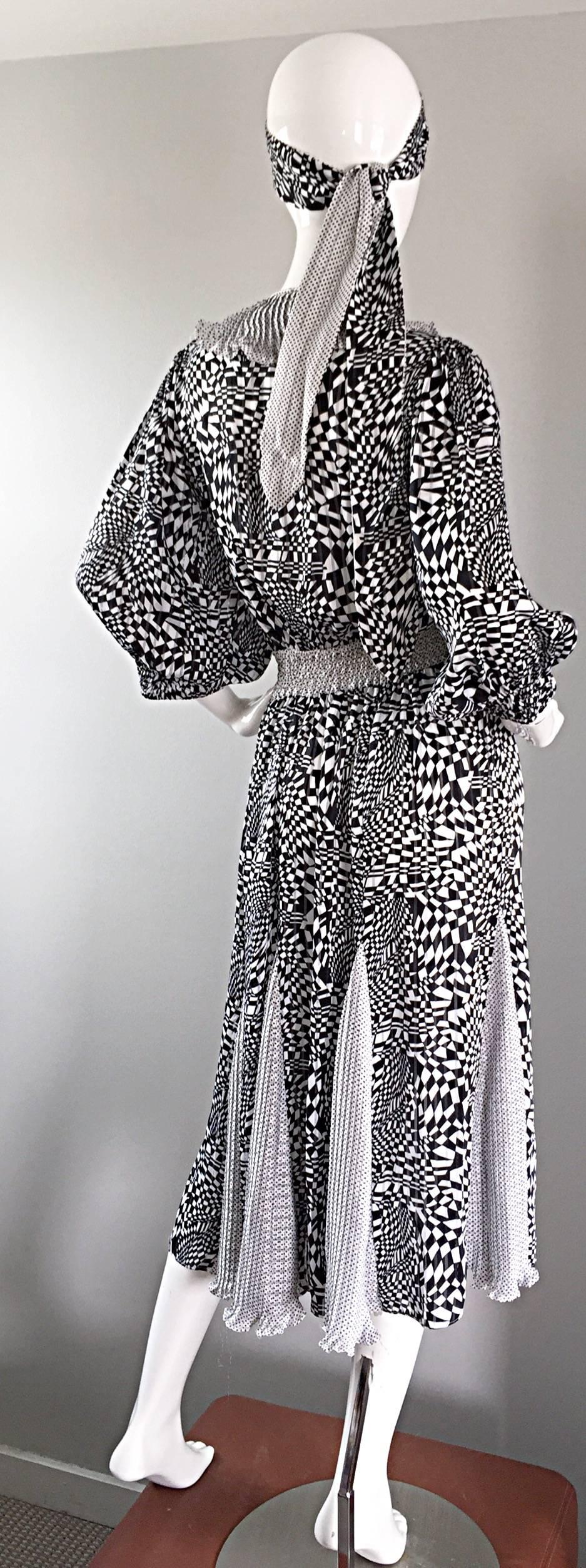 Women's Vintage Diane Freis Black and White 3 D Geometric Print Boho Dress + Head Scarf