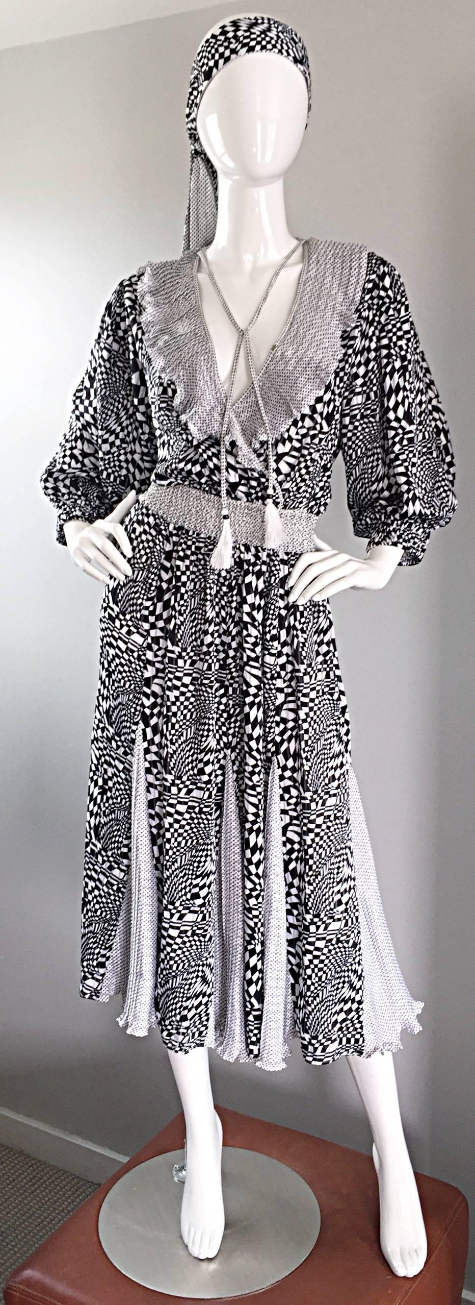 Vintage Diane Freis Black and White 3 D Geometric Print Boho Dress + Head Scarf 4
