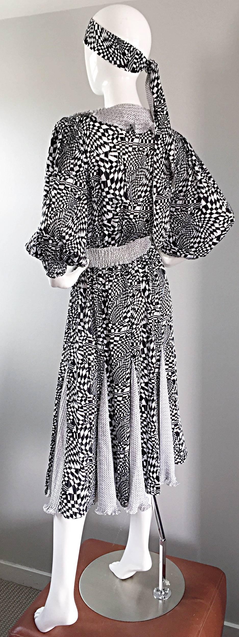 Vintage Diane Freis Black and White 3 D Geometric Print Boho Dress + Head Scarf 3