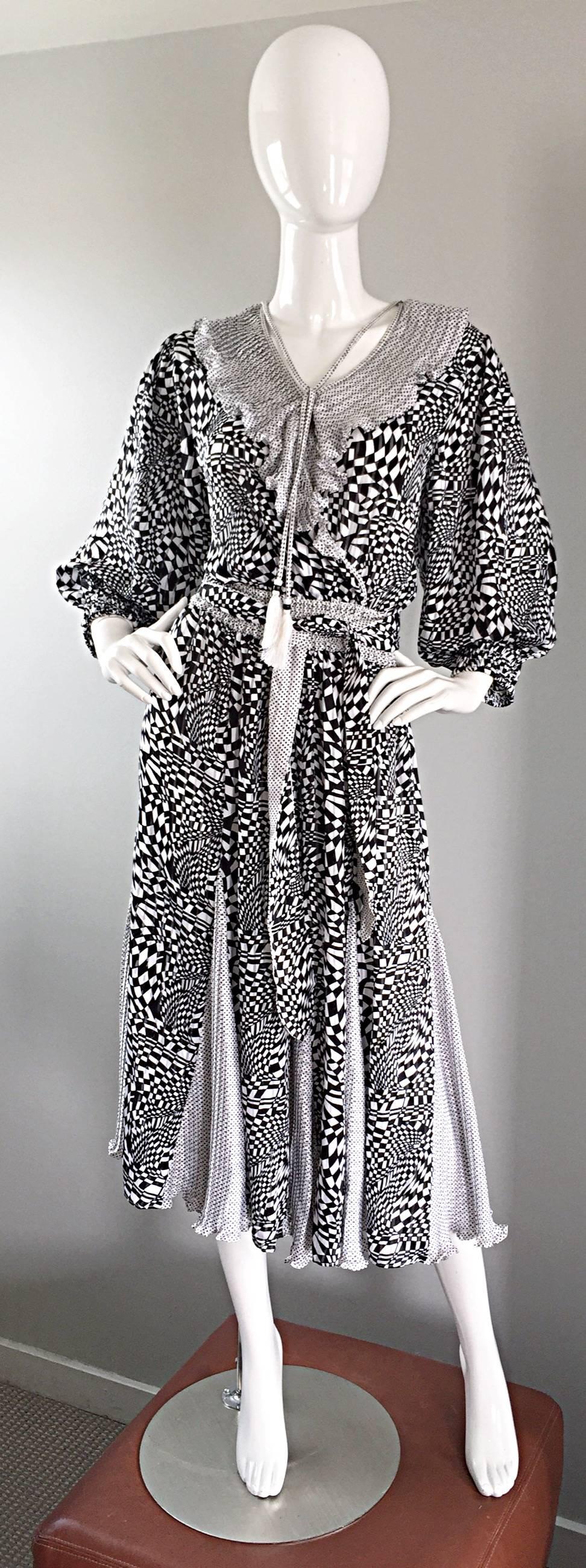 Vintage Diane Freis Black and White 3 D Geometric Print Boho Dress + Head Scarf 2