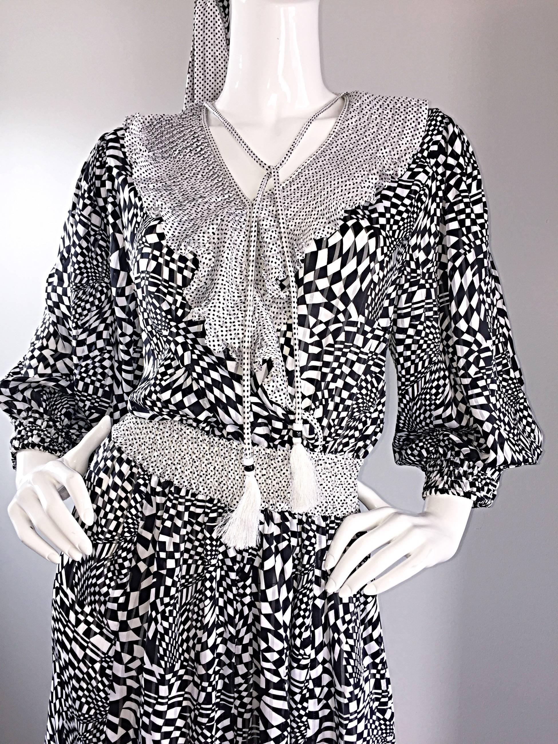 Gray Vintage Diane Freis Black and White 3 D Geometric Print Boho Dress + Head Scarf