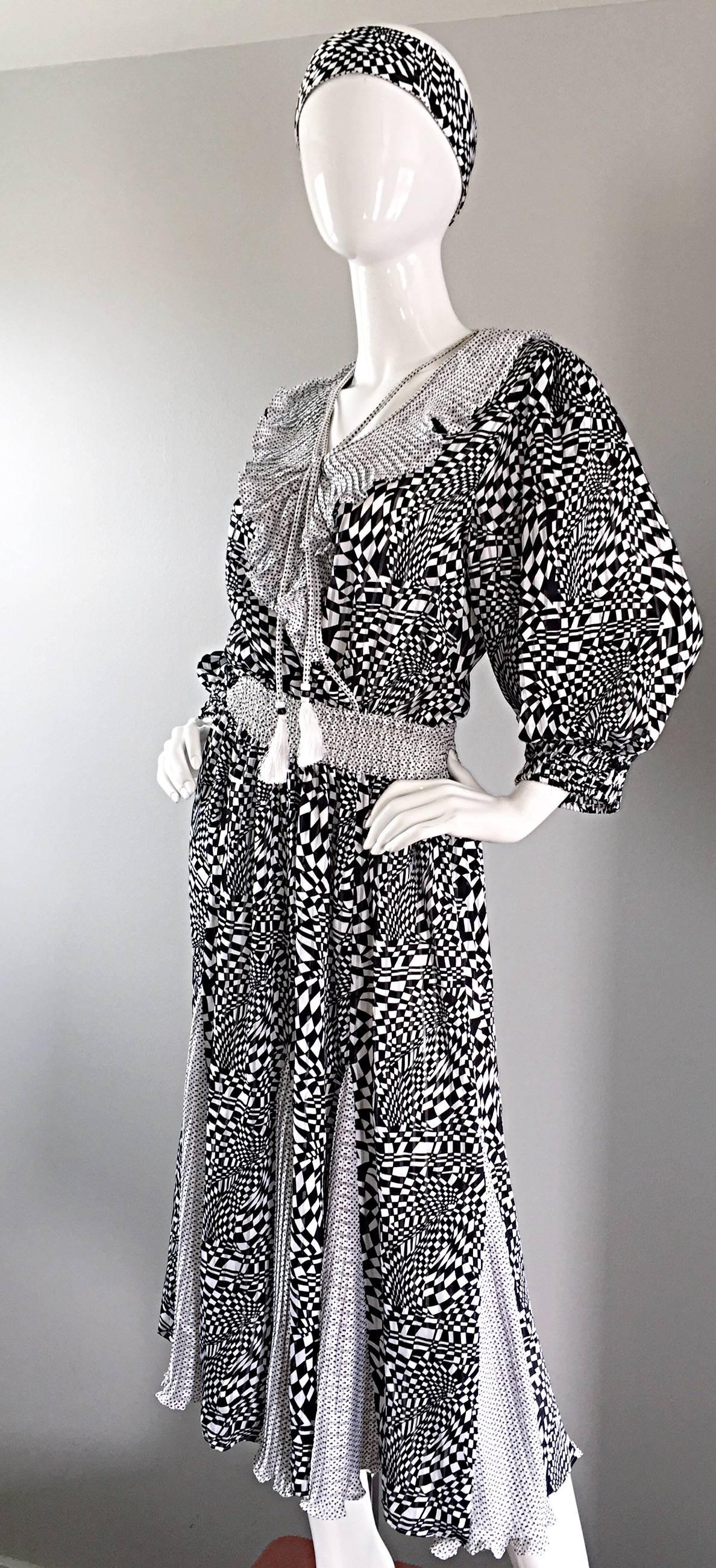 Vintage Diane Freis Black and White 3 D Geometric Print Boho Dress + Head Scarf 1
