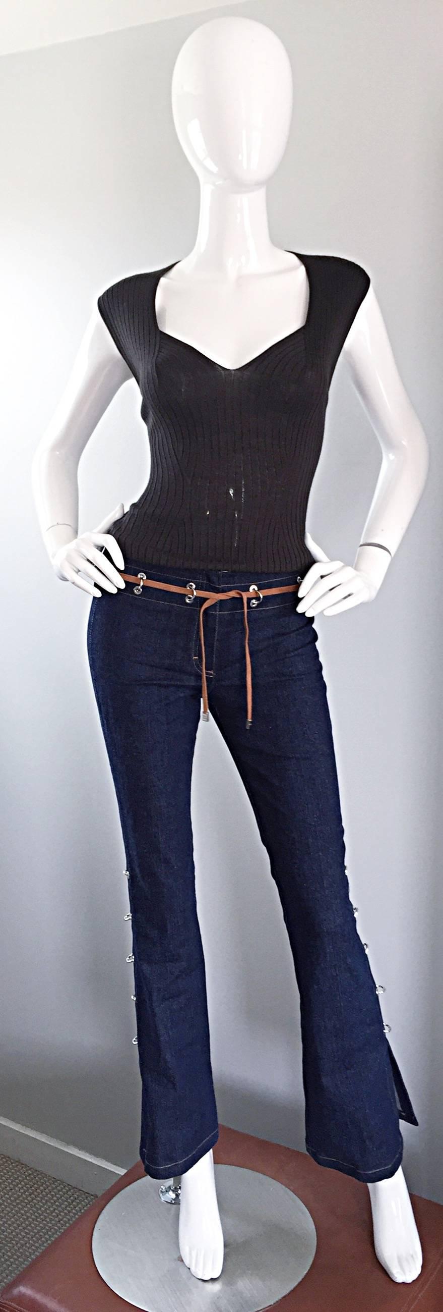 Women's NWT 2000s Escada Dark Indigo Boot Cut Grommet High Waisted Jeans / Pants