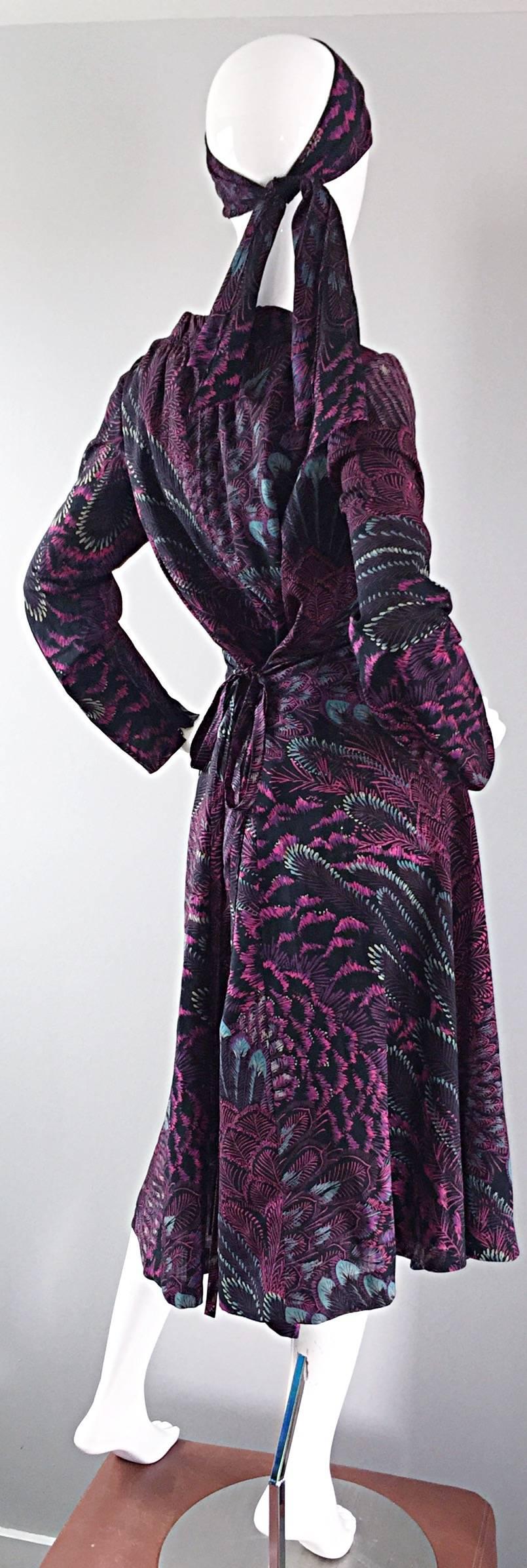 Incredible 1970s Pauline Trigere ' Peacock Feather ' Vintage Dress & Head Scarf 3