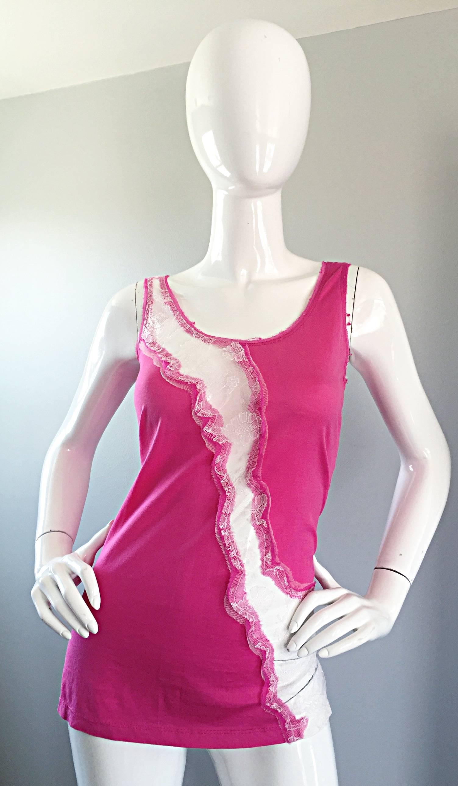 John Galliano Hot Pink + White Sleeveless Cotton Blouse w/ Lace Cut - Outs  For Sale 2
