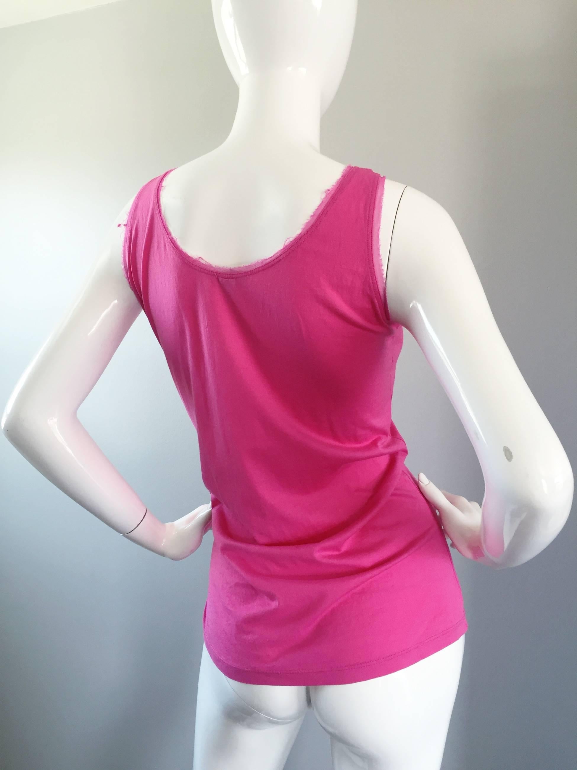 John Galliano Hot Pink + White Sleeveless Cotton Blouse w/ Lace Cut - Outs  For Sale 1