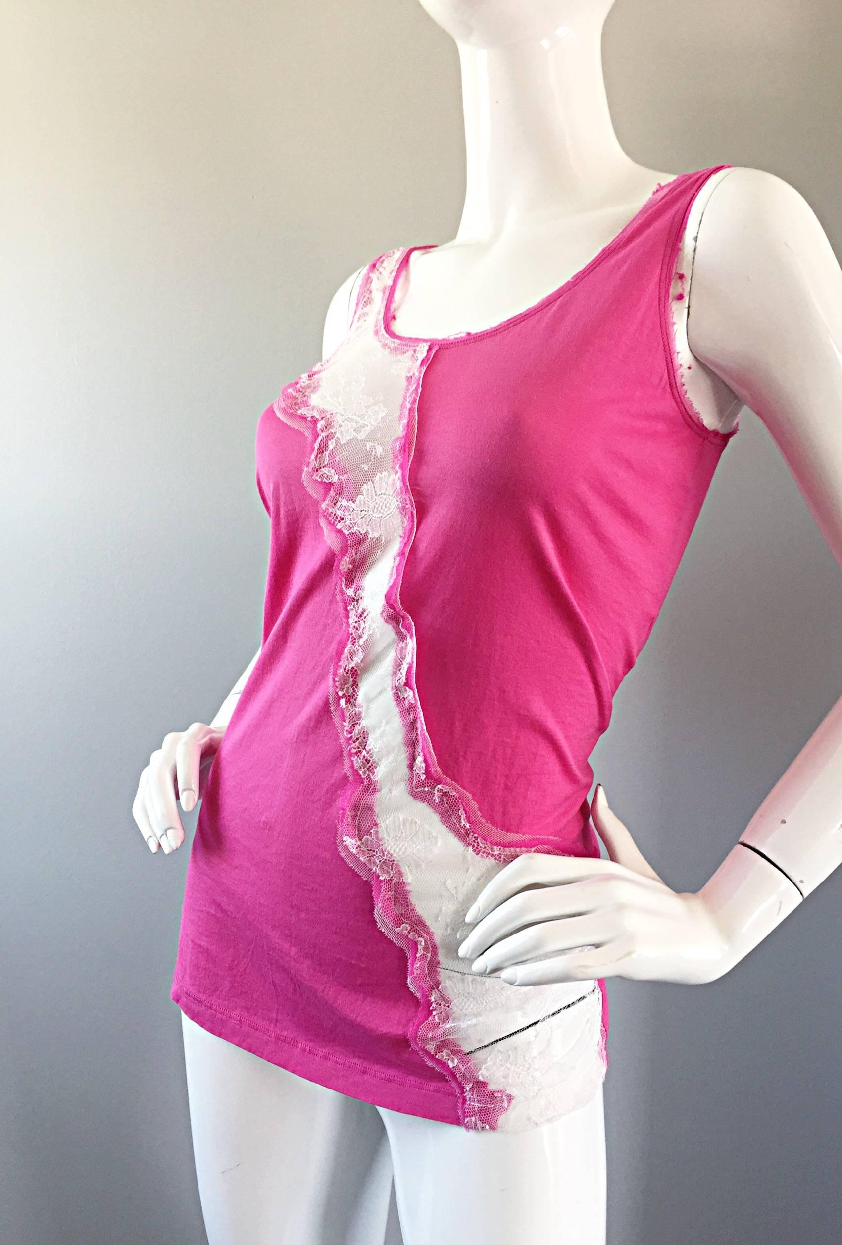 Women's John Galliano Hot Pink + White Sleeveless Cotton Blouse w/ Lace Cut - Outs  For Sale